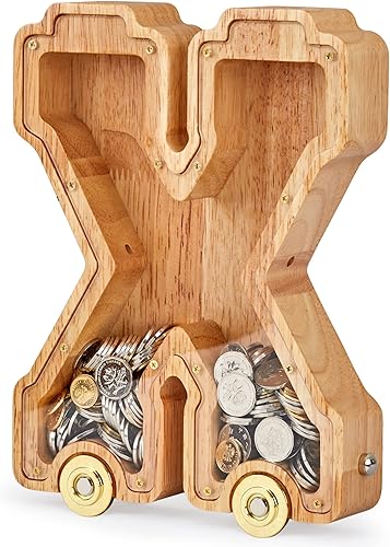 NBTORCH Alcancía grande  Alcancía de madera interconectable, alcancía del alfabeto X con ruedas para adultos, niños y niñas (Initial-X)