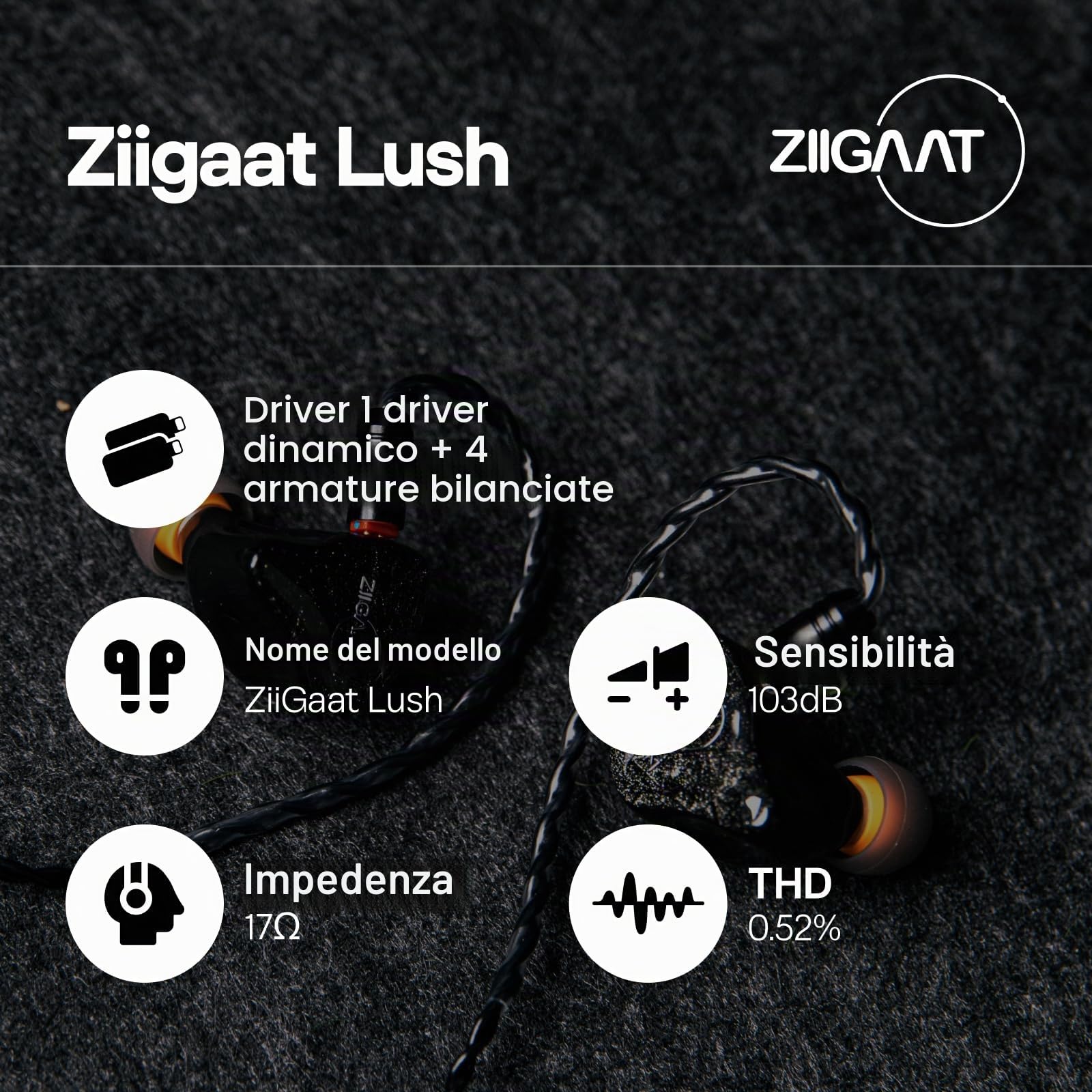 Linsoul ZiiGaat Lush in Ear Monitor, Cuffie IEM Ibride 1DDD+4BA, Cuffie da Studio con Cavo Staccabile per Professionisti della Musica Audiofili (Nero)
