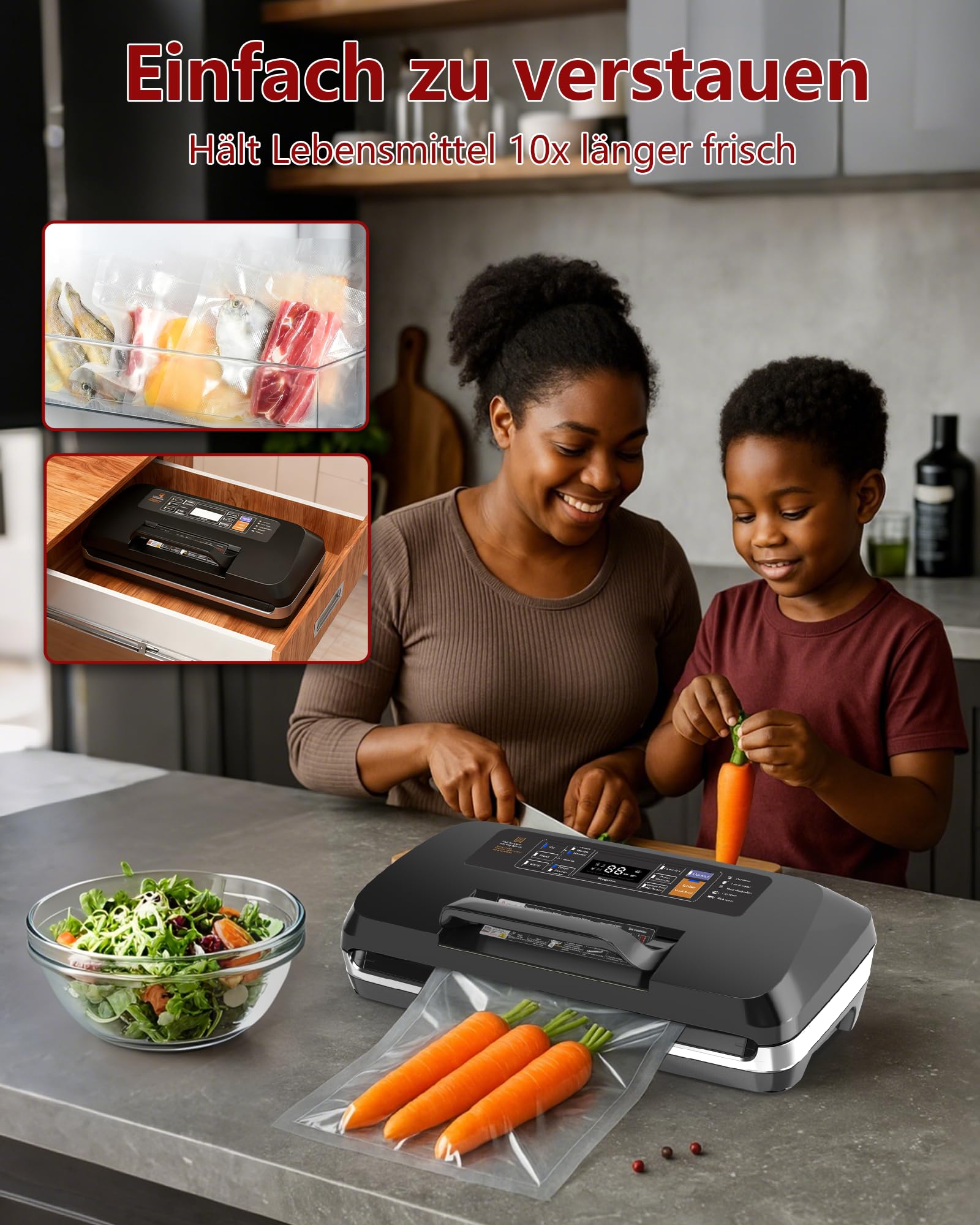 Aparato 12 en 1 con Doble Soldadura: Envasadora al Vacío Doméstica y Profesional para Alimentos de 95 kPa – Incluye Easy-Lock, Cortador de Film, Bandeja Desmontable para Conservación de Larga Duración