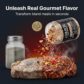 Spicy Garlic Pepper Sea Salt with Bold Heat of Chili Pepper Premium Garlic Salt Seasoning for Cooking, Rubs, Marinades Stackable 4 oz Jar by Caravel Gourmet
