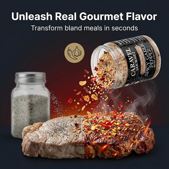 Spicy Garlic Pepper Sea Salt with Bold Heat of Chili Pepper Premium Garlic Salt Seasoning for Cooking, Rubs, Marinades Stackable 4 oz Jar by Caravel Gourmet