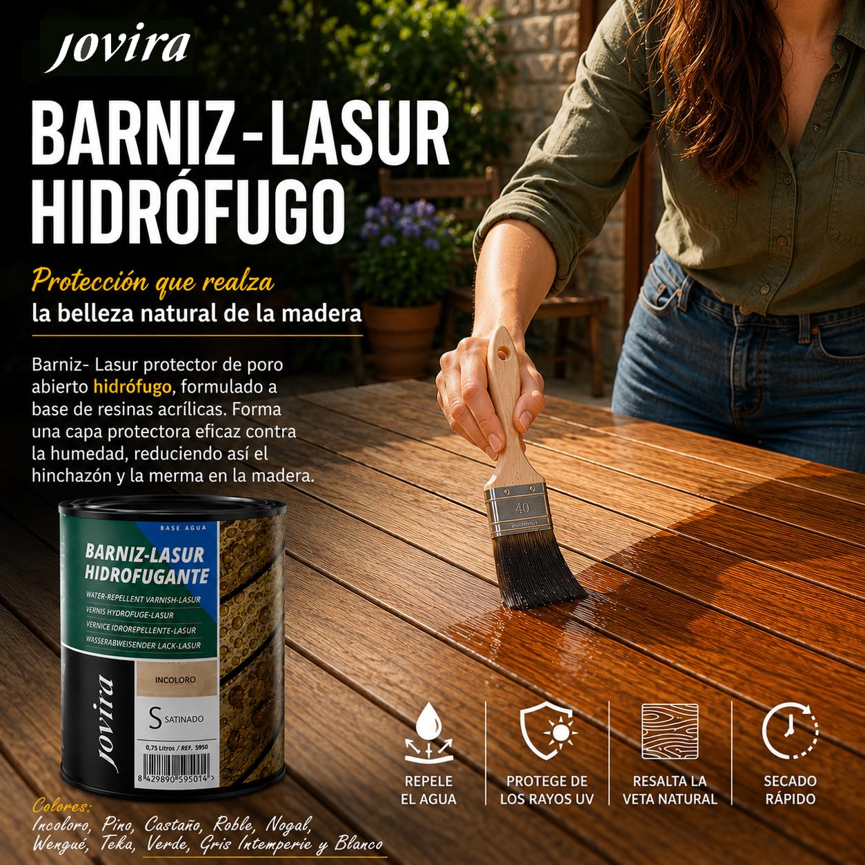 JOVIRA PINTURAS Impregnante legno (3x750 ml Teak) Lasur idrorepellente protettivo satinato all'acqua protegge, decora e impreziosisce tutti i tipi di legno. (3x750 Millilitri, Teak) A-33-3