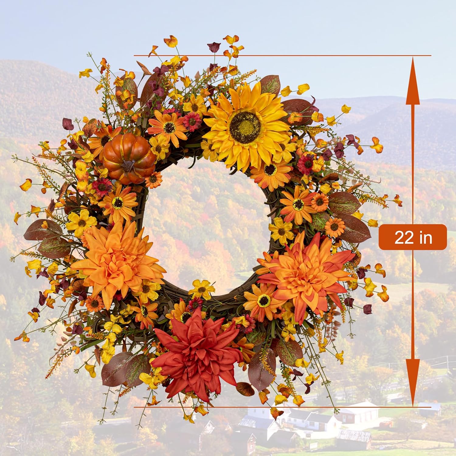 JINGHONG Fall Wreaths for Front Door 20 Inch Artificial Fall Wreath Autumn Flower Wreath with Sunflower Daisy Dahlia Pumpkin for Indoor Outdoor Window Wall Porch Harvest and Thanksgiving Celebration