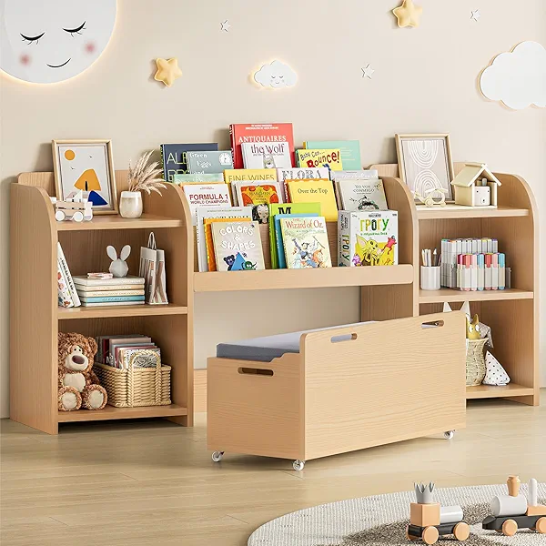 ONBRILL Kids Bookshelf with Reading Nook, 64.5" Toy Storage Organizer with Movable Bench with 3 Storage, Kids Bookcase with 3-Tier Bookshelf, 6 Storage Cubbies, Toy Box & Chest for Bedroom, Playroom