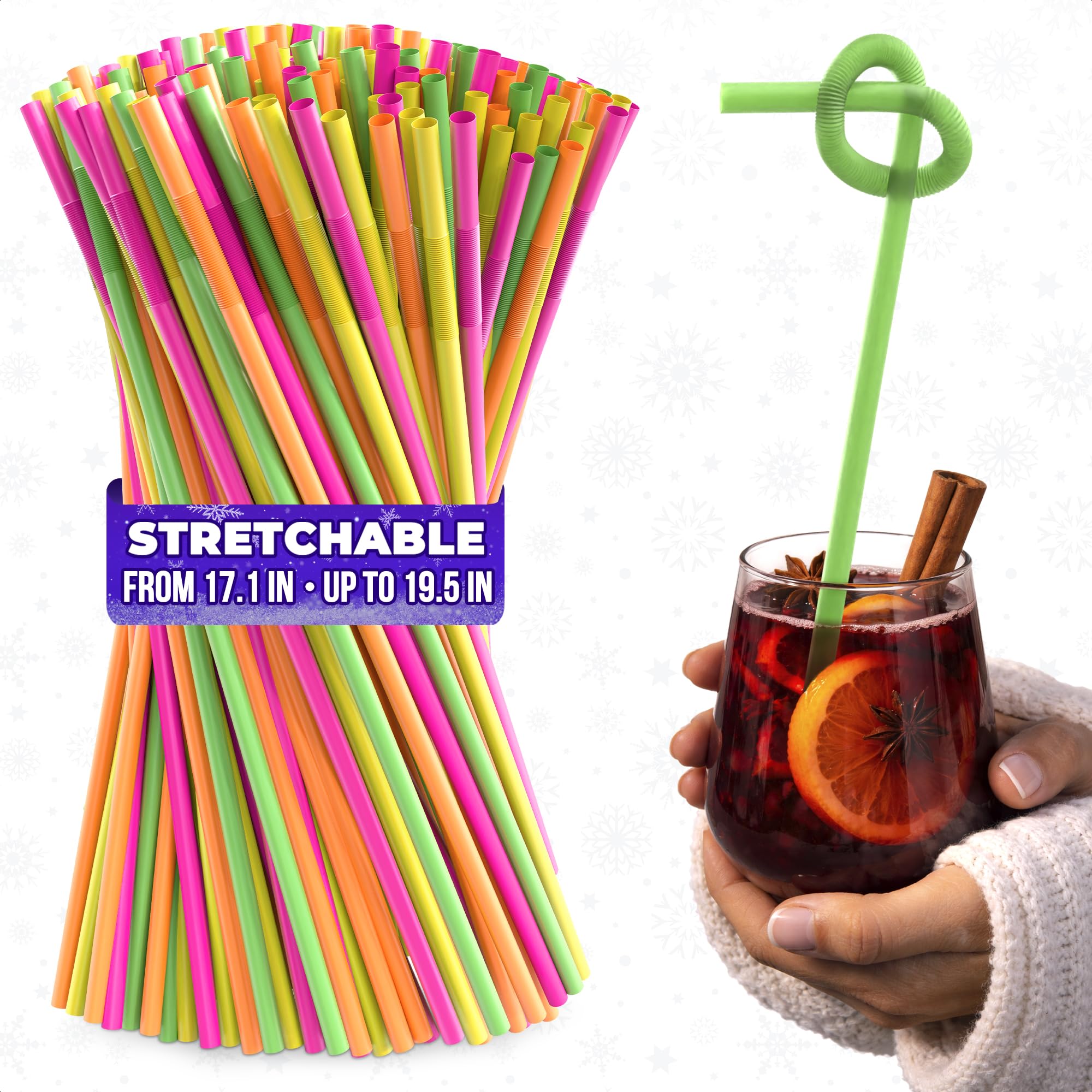 200 Pcs Extra Long Straws Disposable – Fun Neon 4 Colors Long Bendy Straws 17" Twist Up to 19.5" Plastic Drinking Straws for Holiday Party Drinks, Odorless Tasteless, Food-Grade Plastic