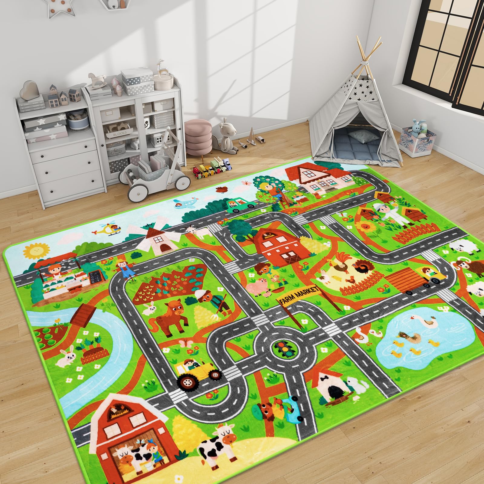 AKUNRUG Kids Rug Play Mat for Toy Cars, 200×150 CM Farm Life Market Road Traffic for Playroom Kid Car Road Rug Village Map Play Mat Non-Slip Washable Play Carpet for Toddlers Boys Room Family Playtime — image 1