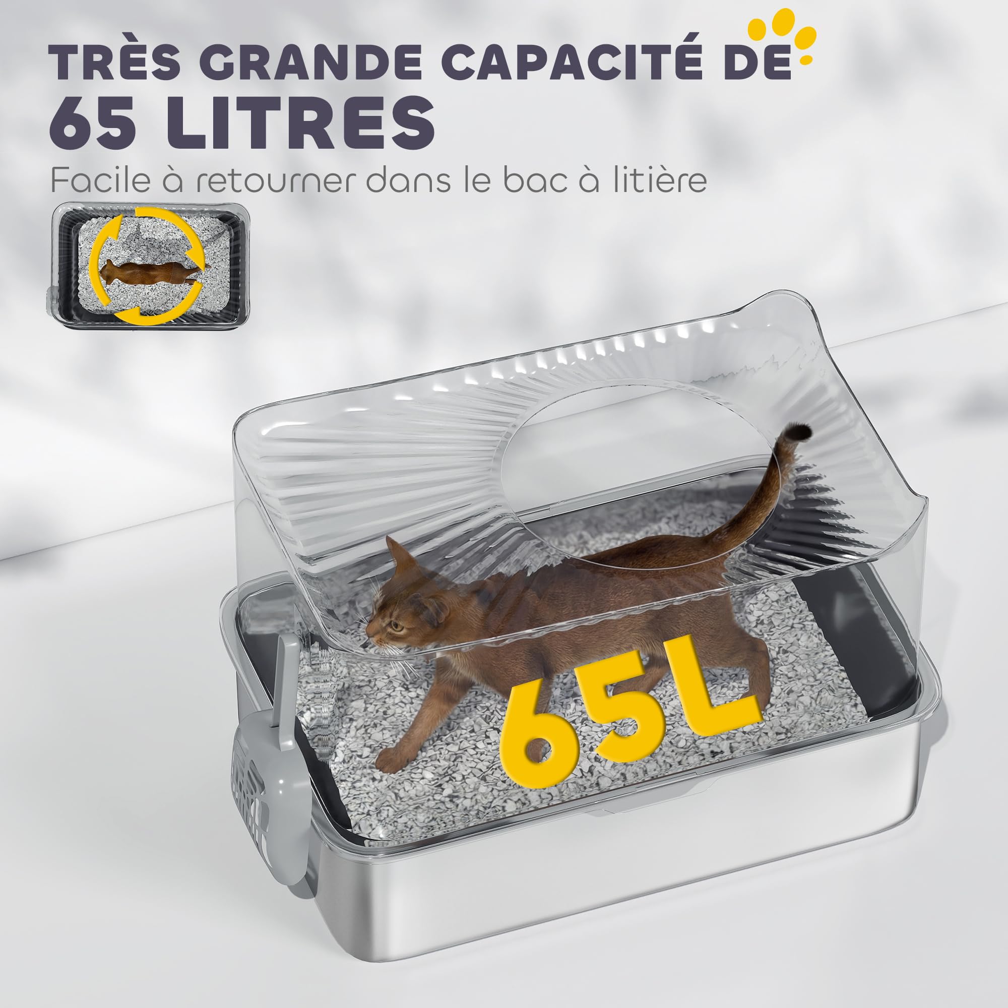 PawHut Bac à litière pour Chat XXL en Acier Inoxydable, 65L Grande capacité, Maison de Toilette pour Chat, avec Pelle et Patins antidérapants, Facile à Nettoyer, 60 x 40 x 38 cm, Noir