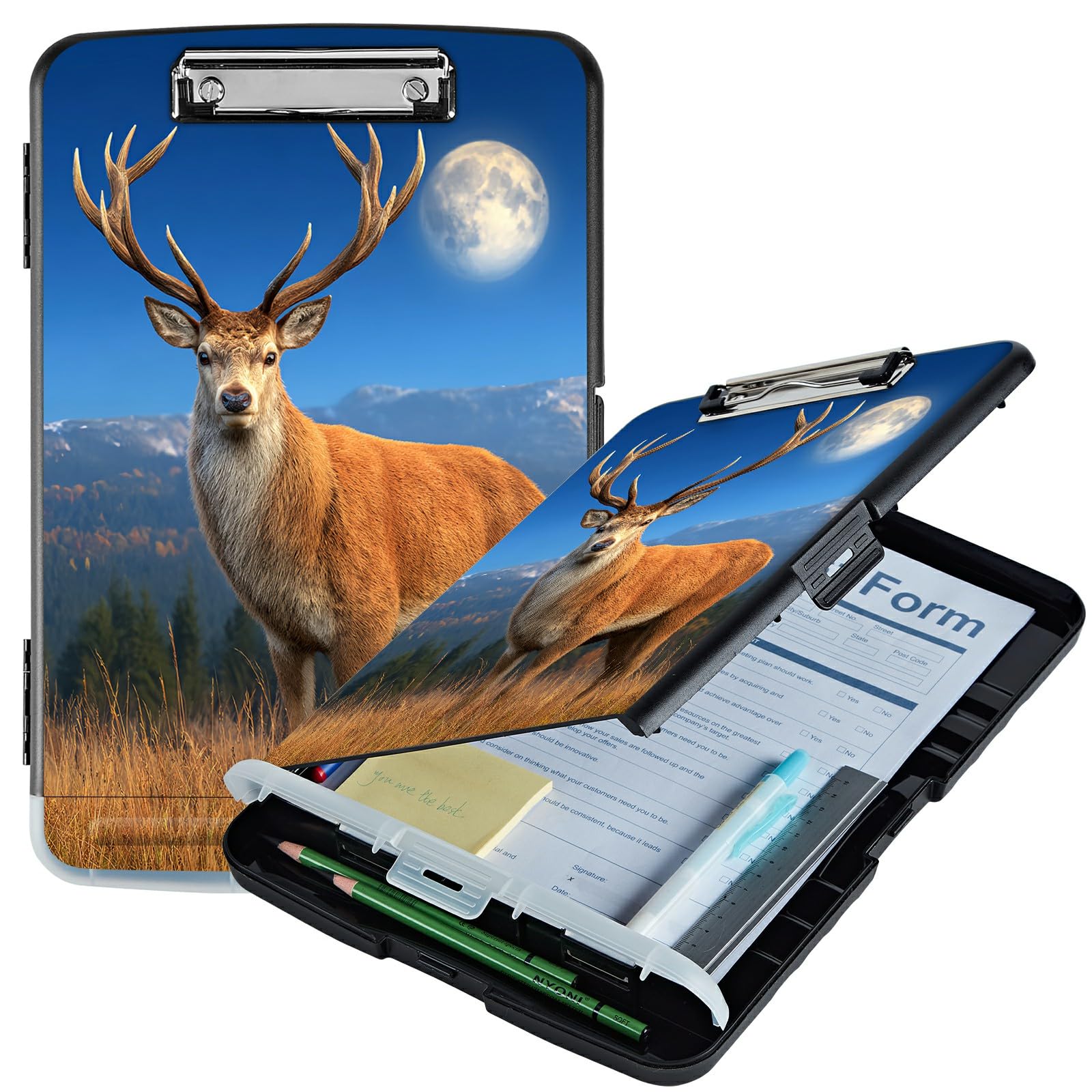 RWUTYTIUL A4 Clipboard with Storage Pen Holder, Clipboards Organizer Nursing Clipboard Foldable File Folder Plastic Clipboard Folio Clip Board for Office Work Classroom Doctor, Grassland Deer