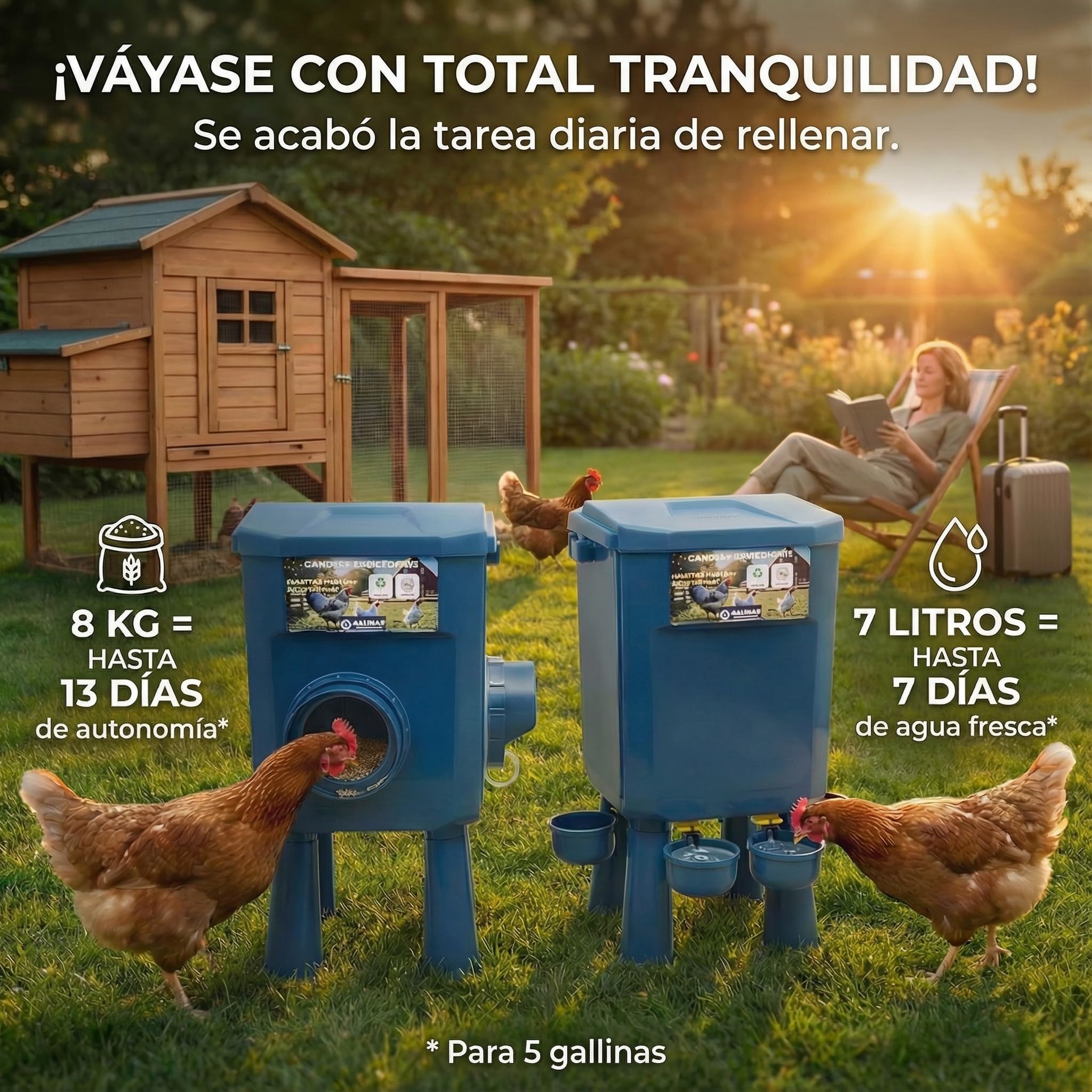 Kit Comedero y Bebedero para Gallinas 8KG/7L – Antiparasitario, Válvula Automática, Anti-Cianobacterias, Ideal para Microgranjas y Criadores Aficionados, Autonomía Prolongada, Reduce Recargas
