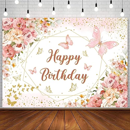 InMemory Pink Butterfly Happy Birthday Backdrop for Girls Fairy Princess Floral 