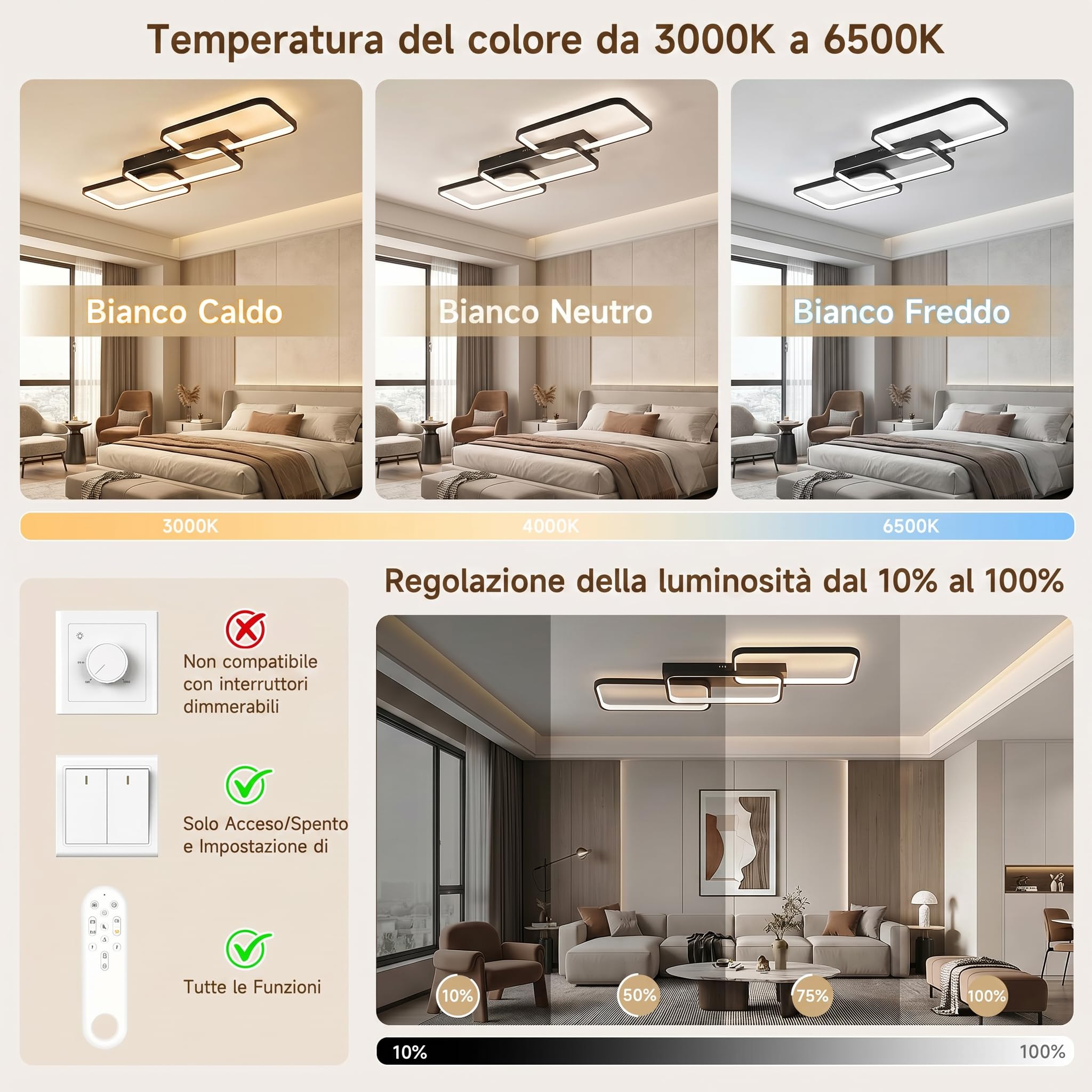 OTREN Plafoniera LED Soffitto Dimmerabile 60W 82 cm con Telecomando | Lampadario Moderno 3000-6500K con Memoria, Luce Notturna e Timer per Soggiorno, Camera da Letto, Cucina