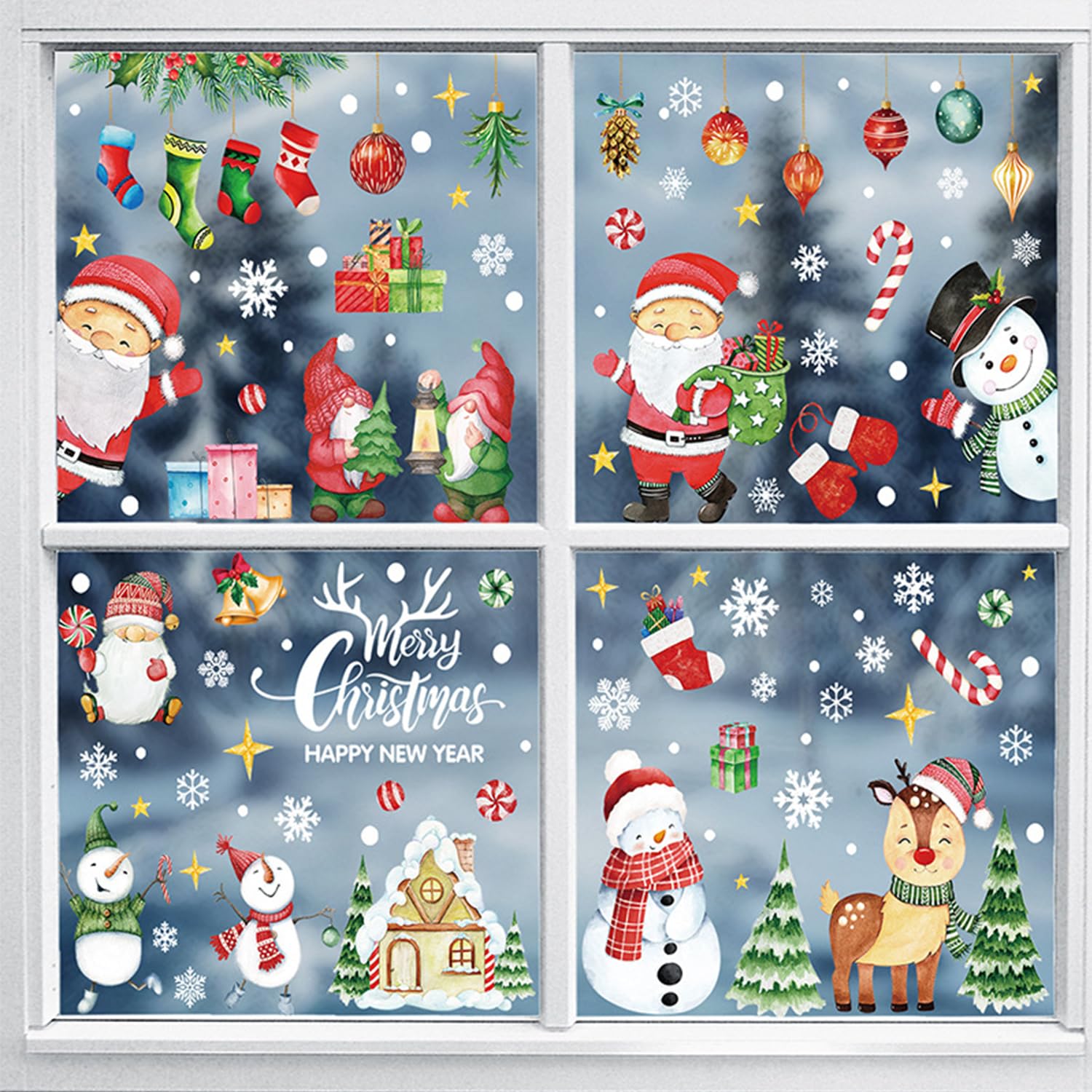 10 Sheets Merry Christmas Window Clings Stickers 177Pcs Double-Side Christmas Window Decorations Santa Claus Deer Snowmen Snowflakes Winter Window Decals for Kids Christmas Holiday Home Decor