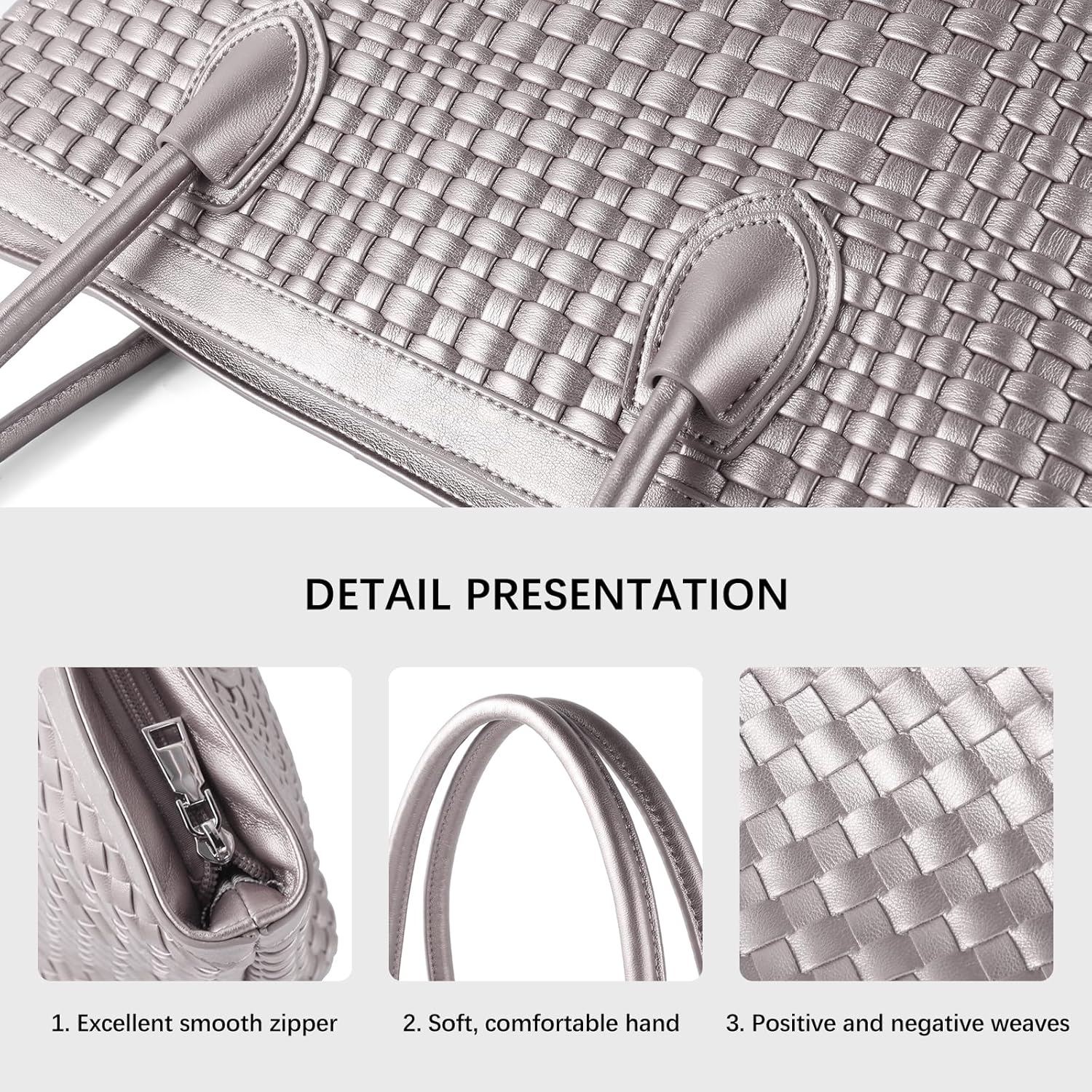 Woven Tote Bag For Women Hand Make Vegan Leather Shoulder Bag Handbag Zip Closure Beach Tote Travel Hand Bag
