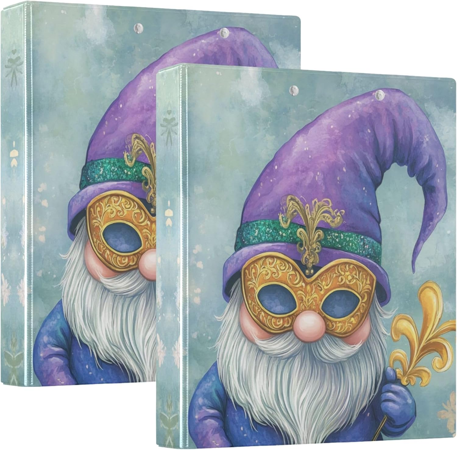 Mardi Gras Gnome 3 Ring Binders, 1.5” Round Ring Binders with Clipboard - Letter Size, 3 Interior PVC Clear Pockets & Anti-Slip Clip for Office School Supplies, 2PCS