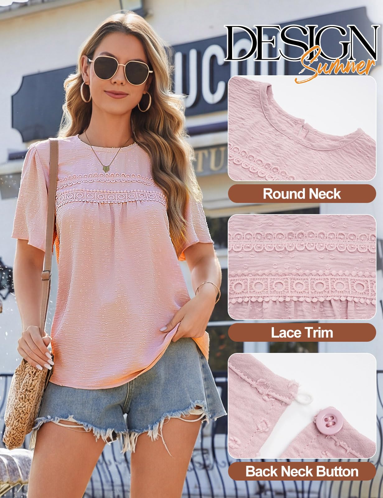 heekpek Top Femme Chic et Élégant Haut Ete à Col Rond Tee Shirt Manches Courtes Style Tendre Ample T Shirt