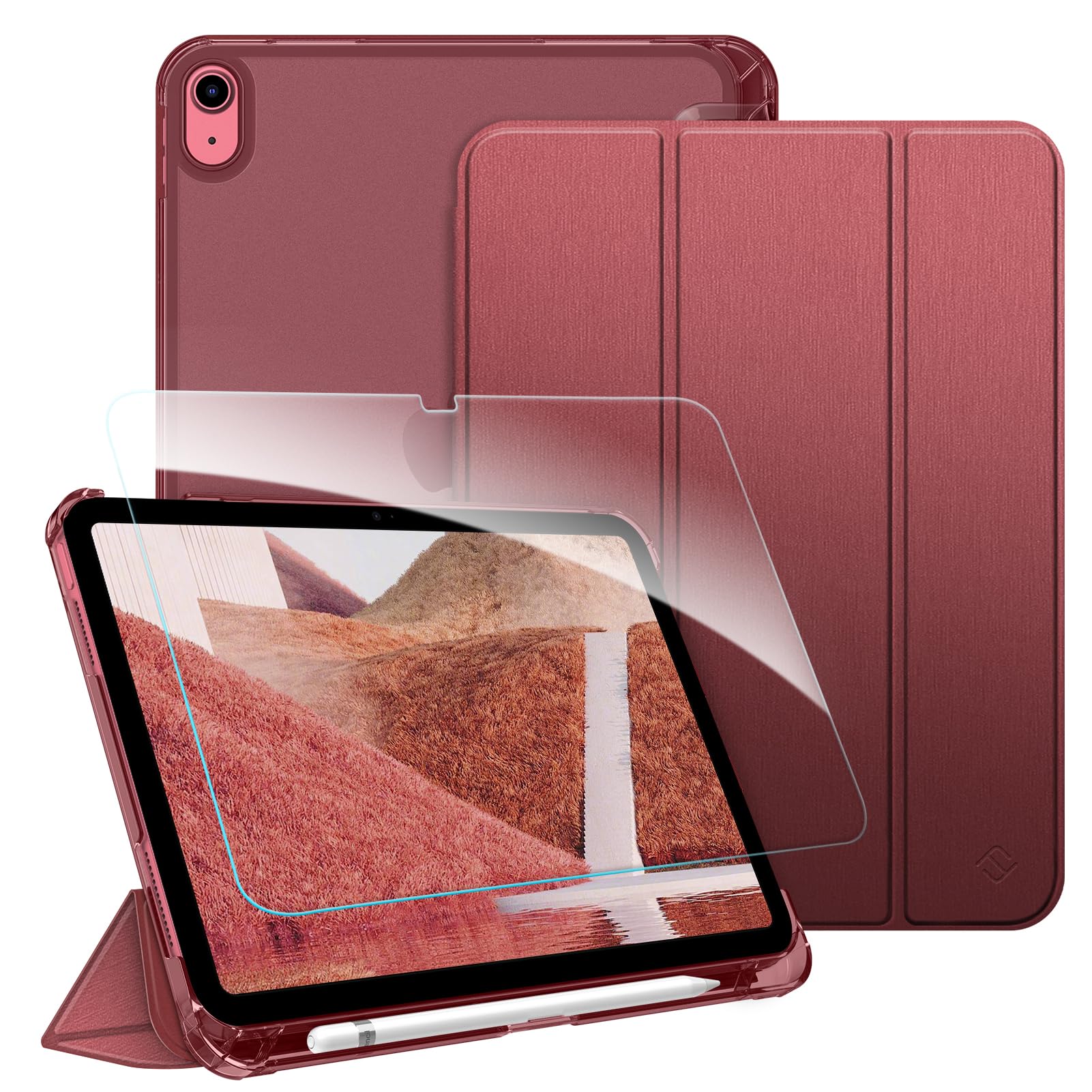 Fintie Hülle & schutzfolie-Set für iPad A16 11./10. Generation 2025/2022 (11/10,9 Zoll) | Integrierter Stifthalter, matt durchsichtige Rückseite, Klappständer, Auto-Wake/Sleep, Burgundy
