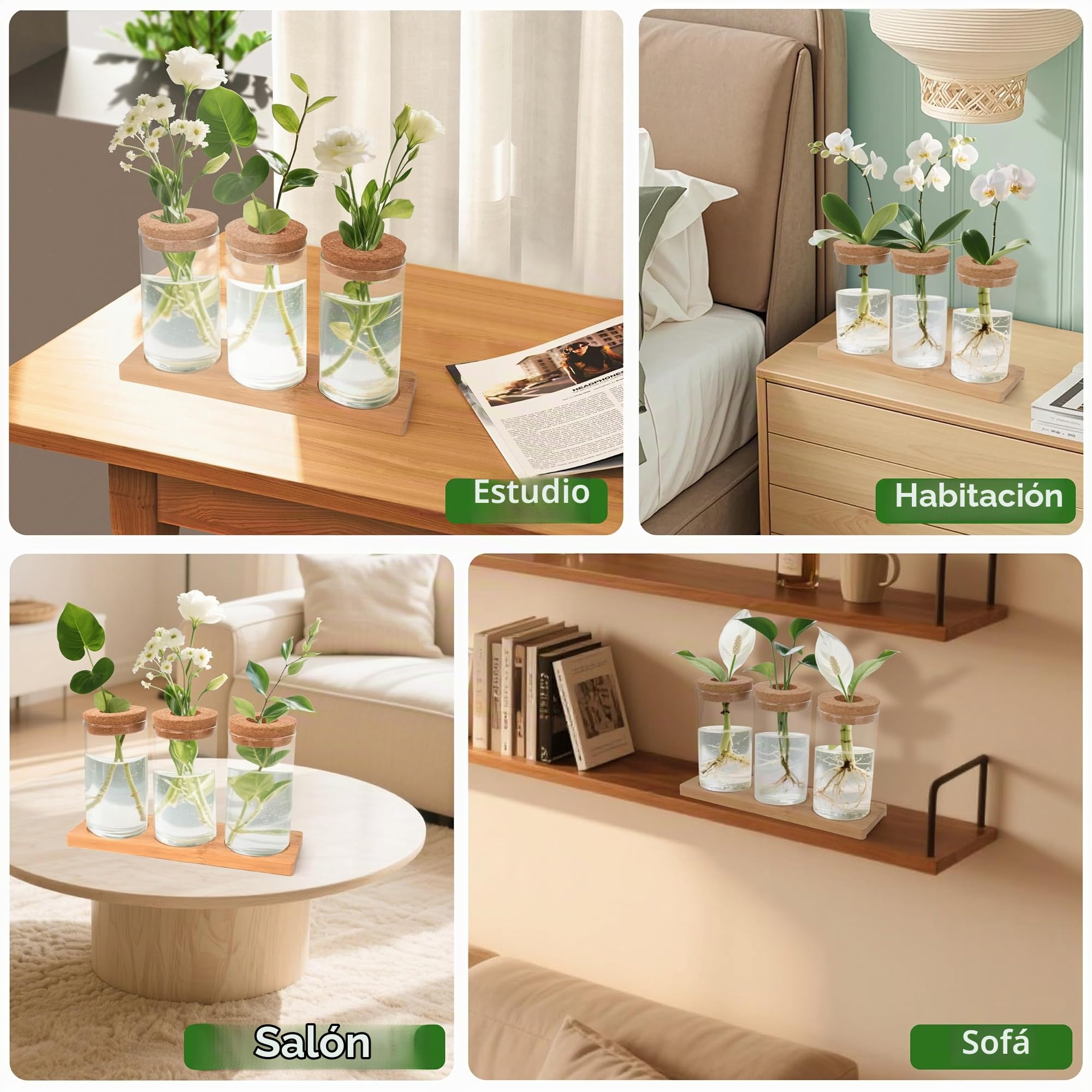 Estación de Propagación de Plantas Jarrón de Cristal para Plantas con Corcho Base de Madera 3 Piezas para Plantas de Hidrocultivo