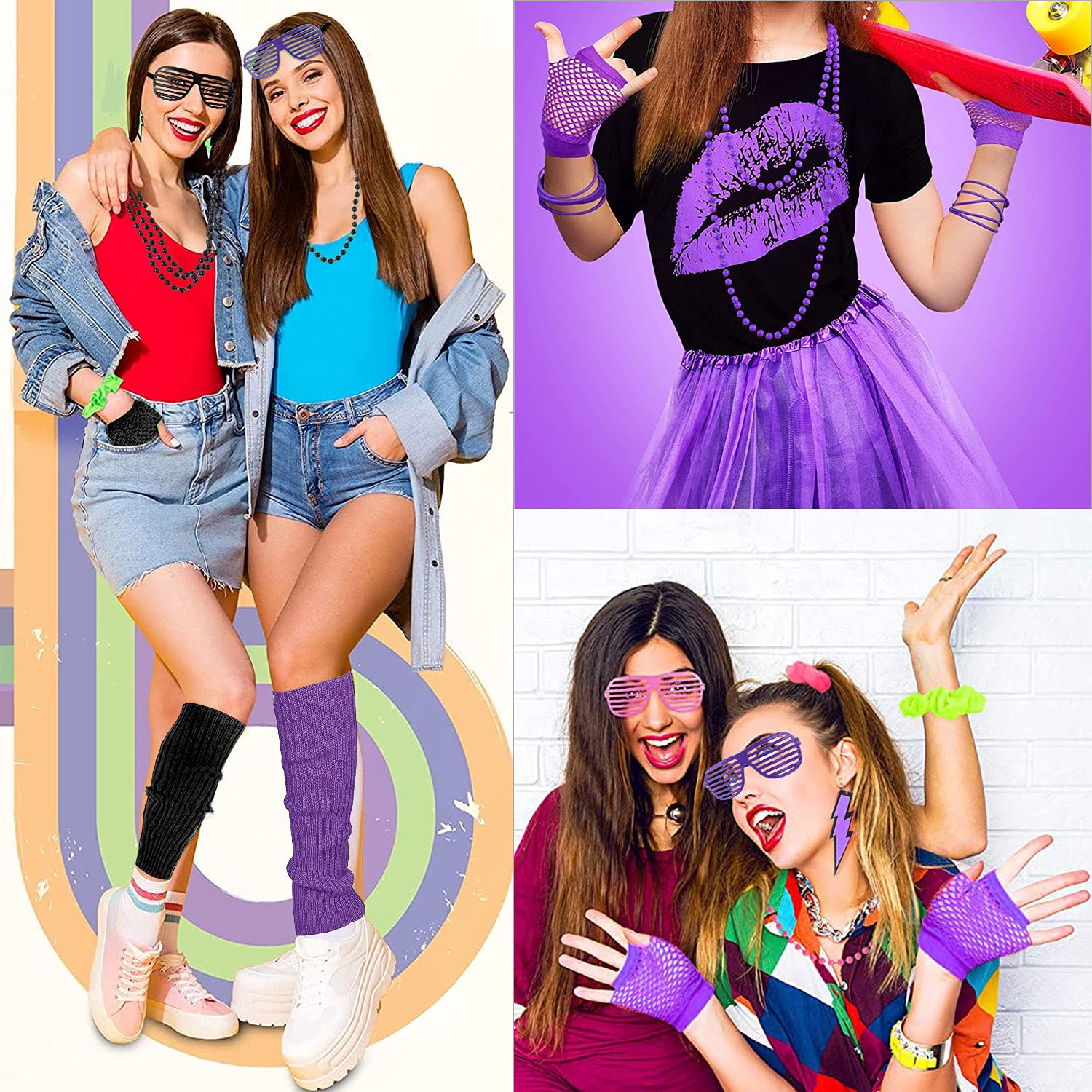 M MUNCASO Costume Anni '80 per Adulti - Set con Gonna Tutù, Scaldamuscoli, Guanti a Rete, Collane al Neon, Orecchini con Perline, Occhiali da Sole - per Feste Retrò