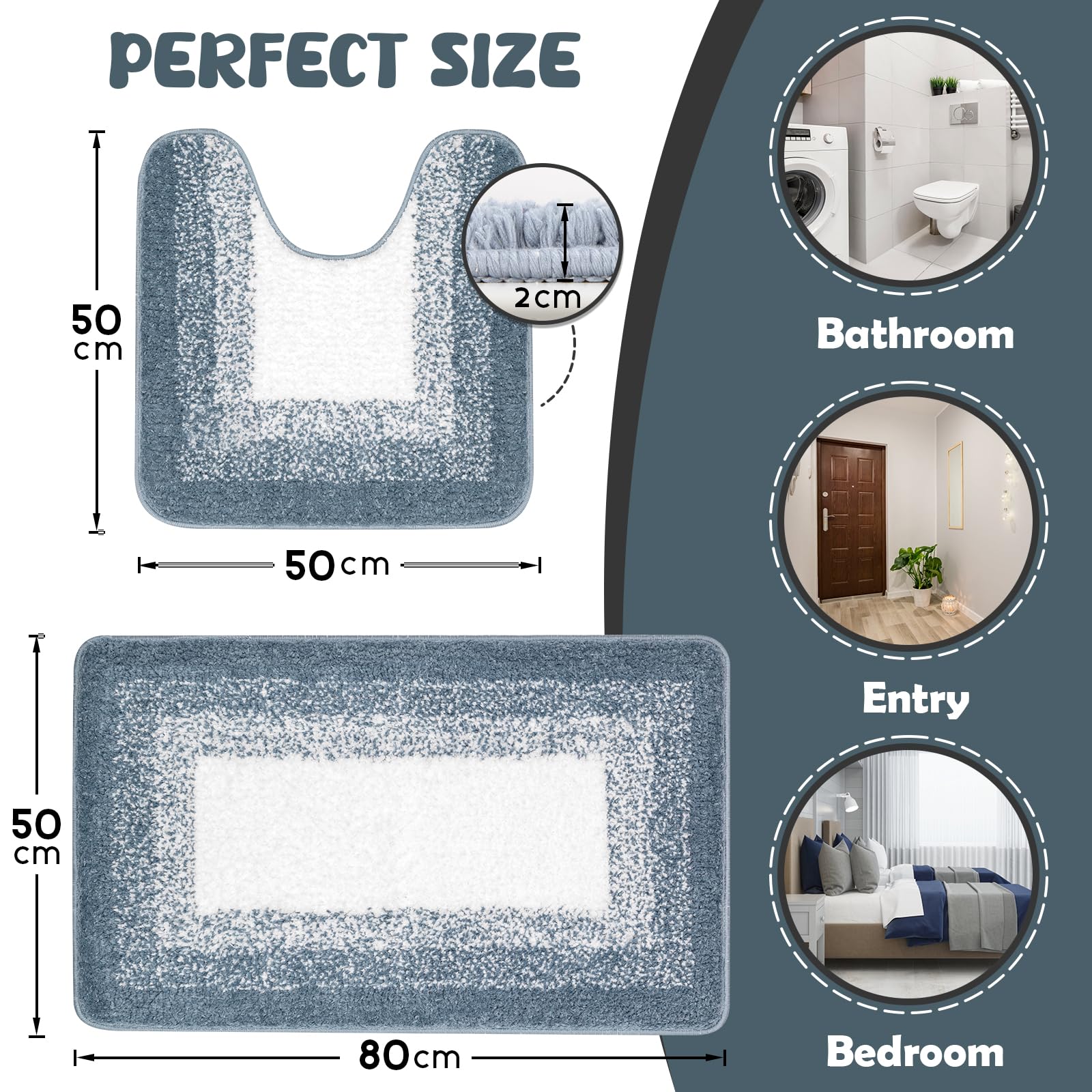 Alfombra Baño 2 Piezas de Microfibra, Absorbente Alfombrillas baño de Pelo Largo y Alfombrillas para Inodoro, Antideslizante y Lavable(80x50cm+50x50, Azul)