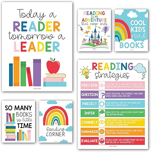 Hadley Designs Pósteres de lectura motivacionales para aula primaria  6 estrategias de lectura para aula, decoración de biblioteca escolar de