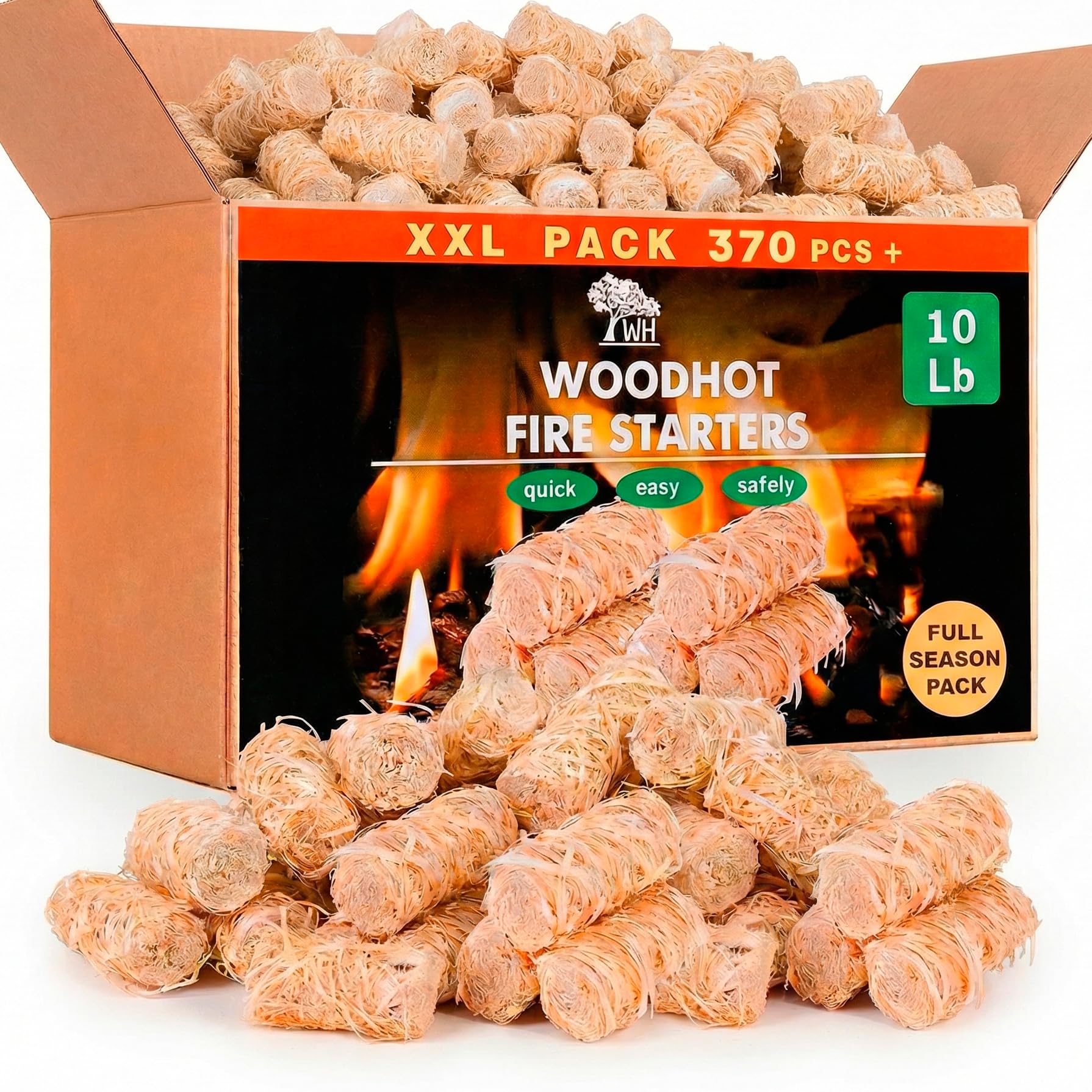 WH 370 pcs Natural Fire Starters for Indoor Fireplace - 10lb Large Box - Long-Burning Charcoal Starters - Odorless Firestarters for Wood Stove, Chimney, Campfires & Grill - Quick Ignite