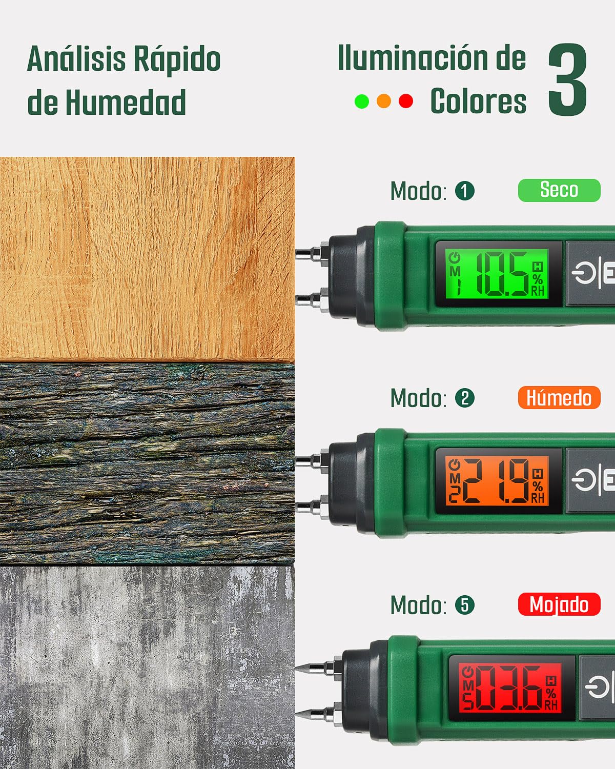TESMEN TWM-186 Medidor de Humedad Portátil 2 Modos 7 Escalas Madera Ladrillos Paredes Verde