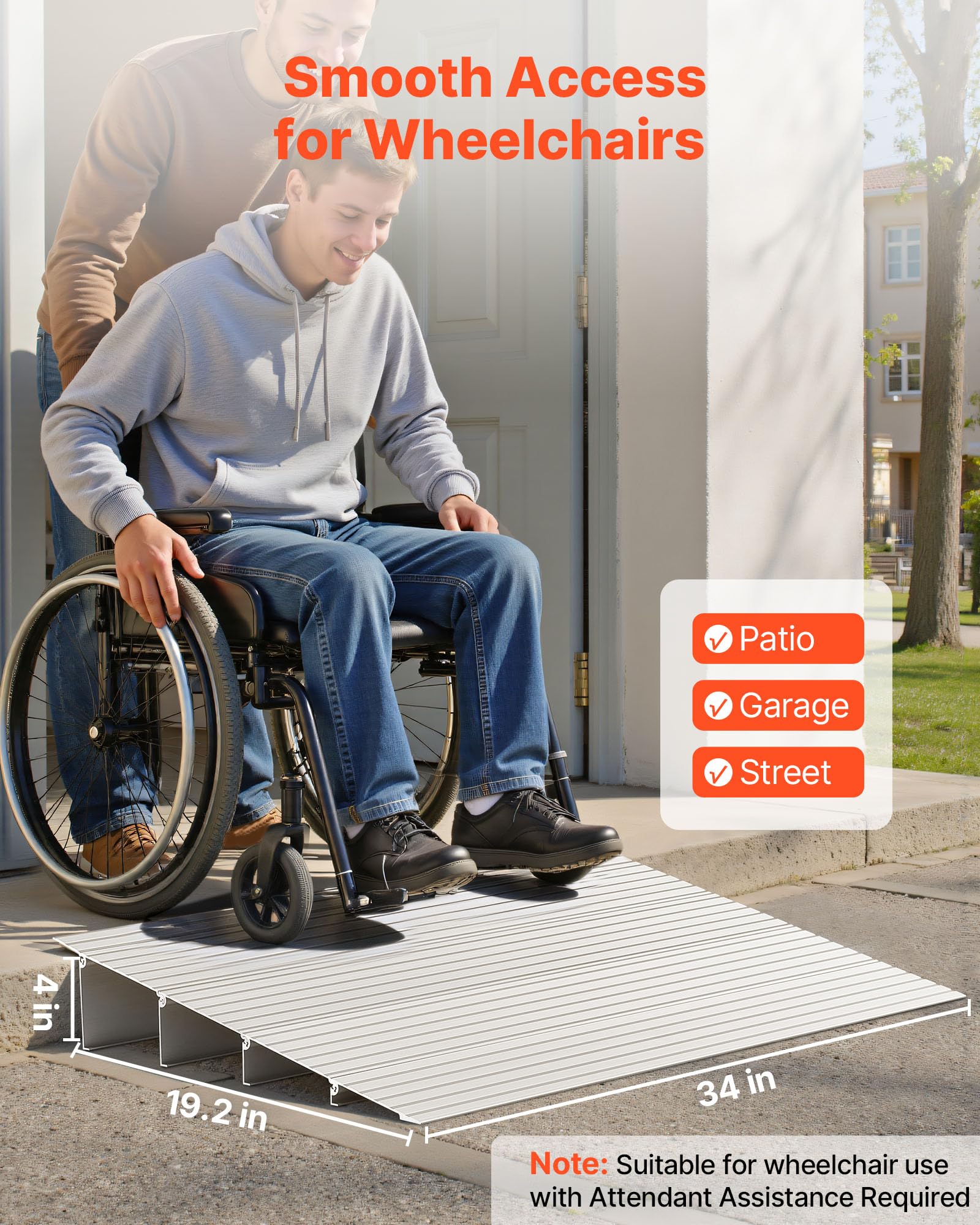 Condition photo showing New/Like New for vevor door threshold ramp 4‘’ rise aluminum alloy threshold ramp rated 800 lbs load capacity, handicap ramps for home steps for wheelchair, scooters, power chairs, walkers, bicycle, tricycle