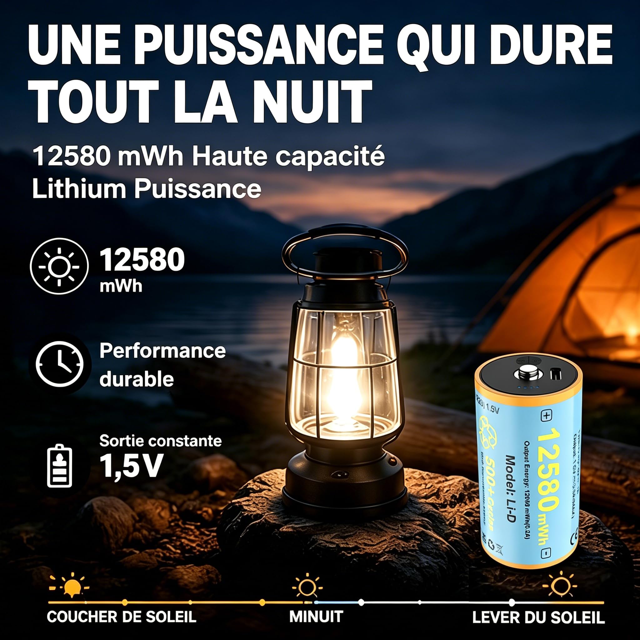 Piles D Rechargeables 12580 mWh, Lot de 4, 1,5V Li-ION, LR20, Mono D
