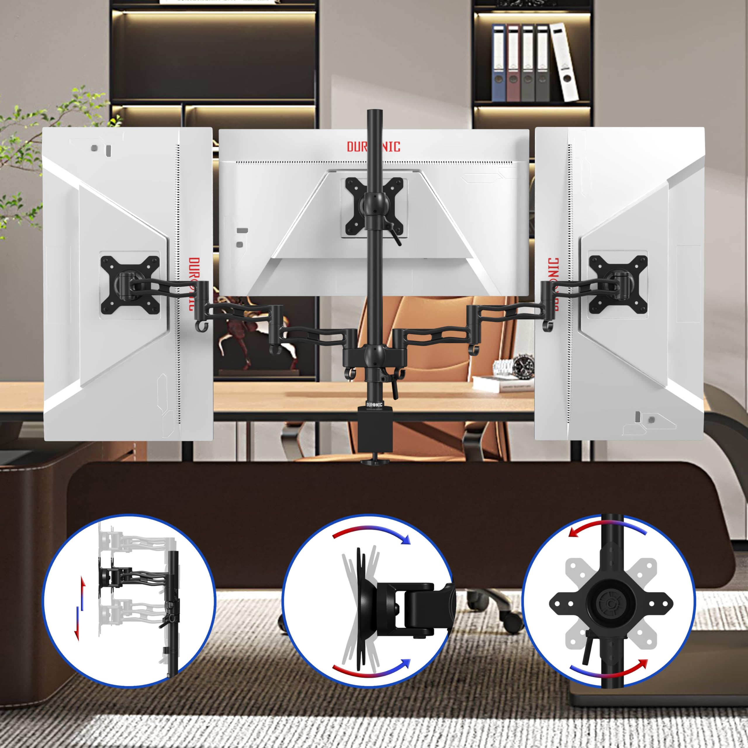 Duronic DM353 Bras pour 3 moniteurs d’Ordinateur | Support Triple d’écran PC articulé pour Bureau | VESA 75 100 | Hauteur Ajustable | Rotatif Inclinable Pivotant | Compatibilité Universelle