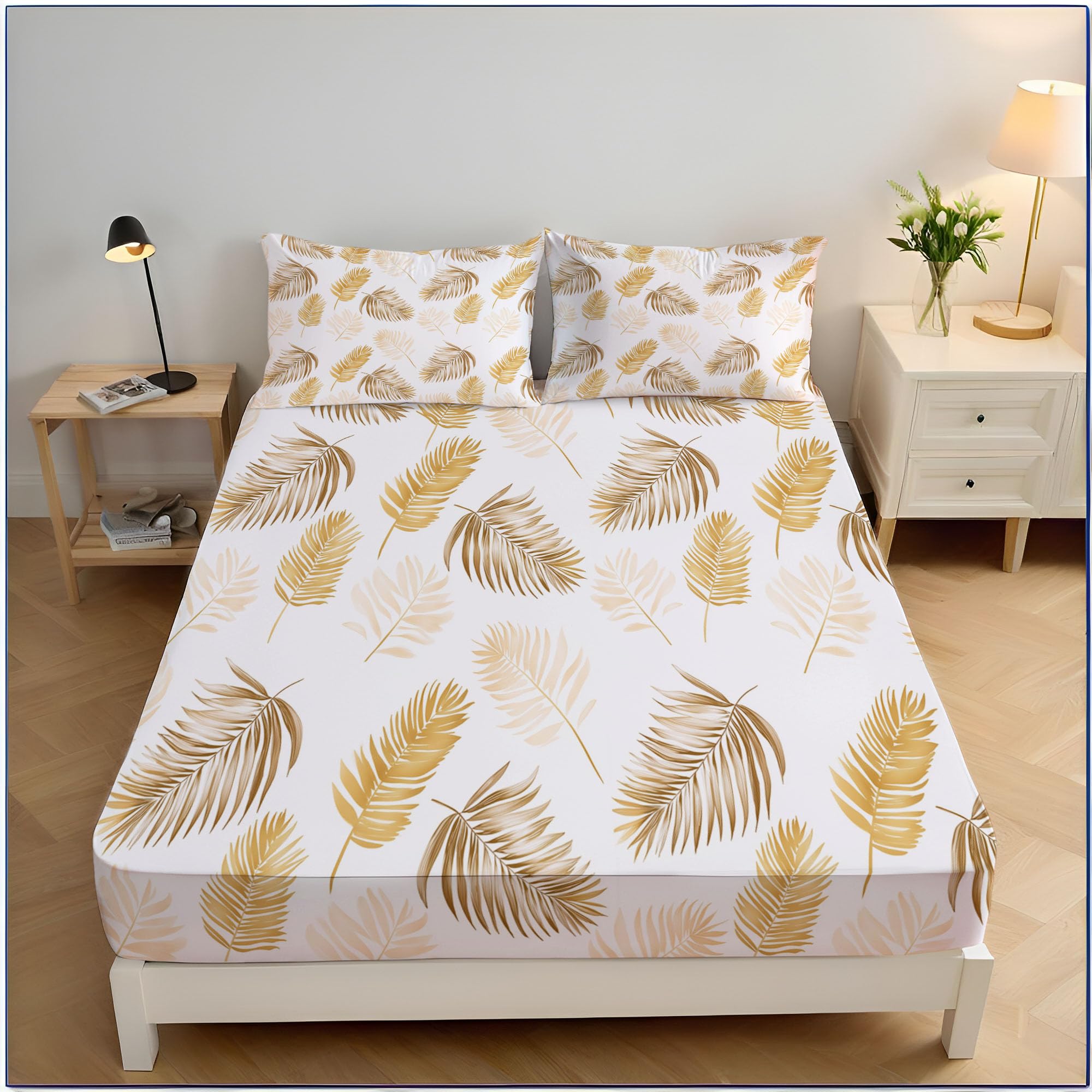 Drap housse 160x200cm pour matelas épais motif feuille de palmier style vintage
