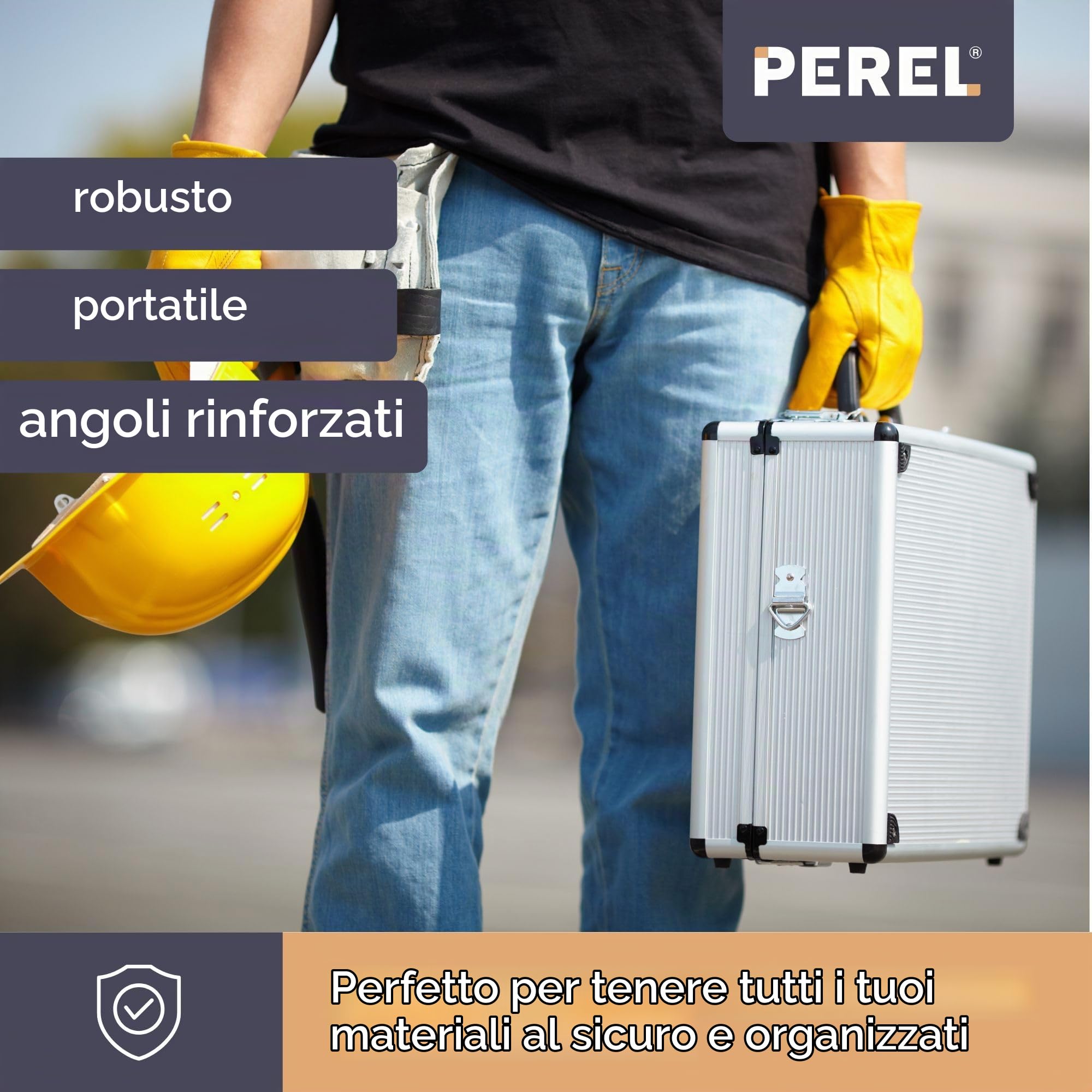 Perel Valigetta porta attrezzi in alluminio grigia 320 x 230 x 155 mm con serratura a chiave (2 chiavi) e tracolla, valigetta rigida per trasporto utensili, laptop e fotocamera