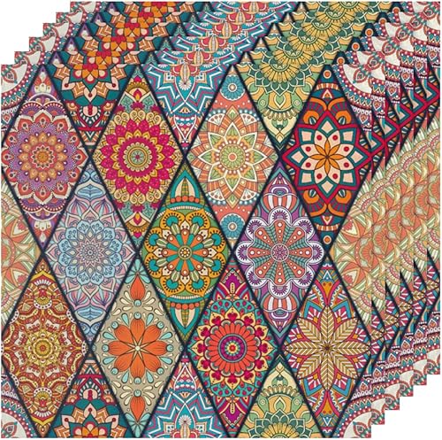 Miniatura 6 de Juego de 6 servilletas de tela con diseño de mandala bohemio de 20 x 20 pulgadas, patrón étnico, lavables, reutilizables, para cocina, decoración de