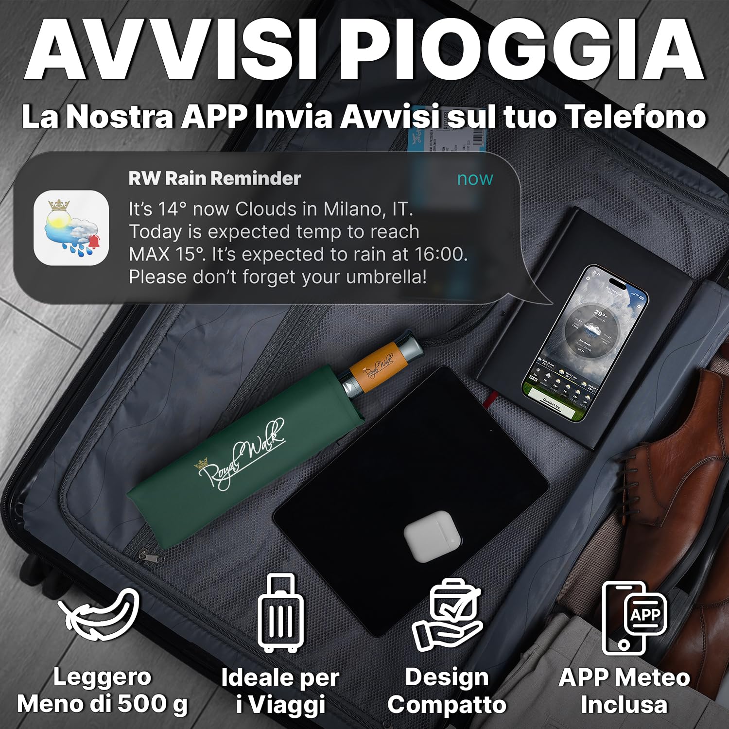 Royal Walk Ombrello da viaggio pieghevole antivento, compatto e resistente, con manico in vero legno, apertura automatica, chiusura automatica, doppia tettoia per uomini e donne, Verde scuro, L,