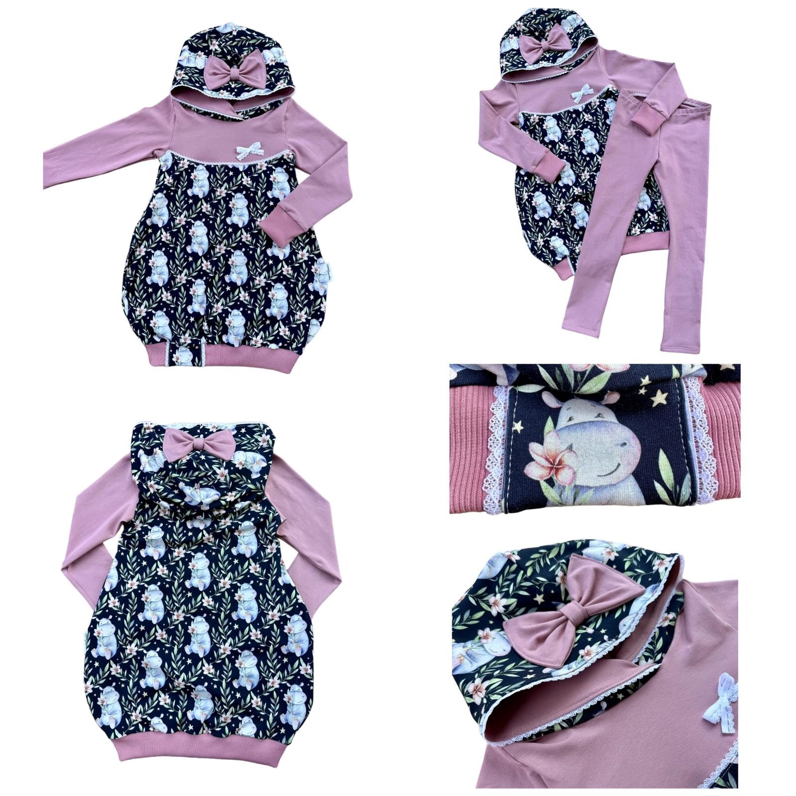 Ballonkleid Kapuzenkleid Mädchen Blumen Nilpferd | Niedlicher Boho Tierprint | Hoodie Sweatkleid Kinderkleidung