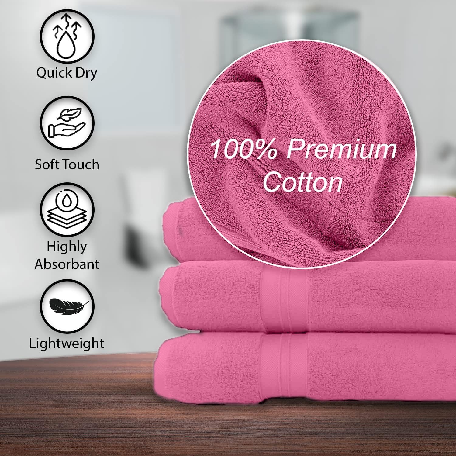 100% Cotton Bath Towels, 24x48 Pack of 6 Towels, Quick Dry, Highly Absorbent, Soft Feel Towel, Gym, Spa, Bathroom, Shower, Pool, Luxury Soft Towels (Pink, 24x48-6 Pack) - Image 4