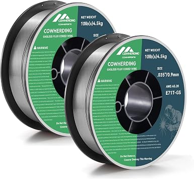 2-Pack Flux Core Gasless MIG Wire, 0.035" Diameter E71T-GS Mild Carbon Steel10-Pound 4.5kg Low Splatter Flux Core Welding Wire, Strong ABS Plastic Spool Welding Wire, Less Splatter, Welds Cleaner