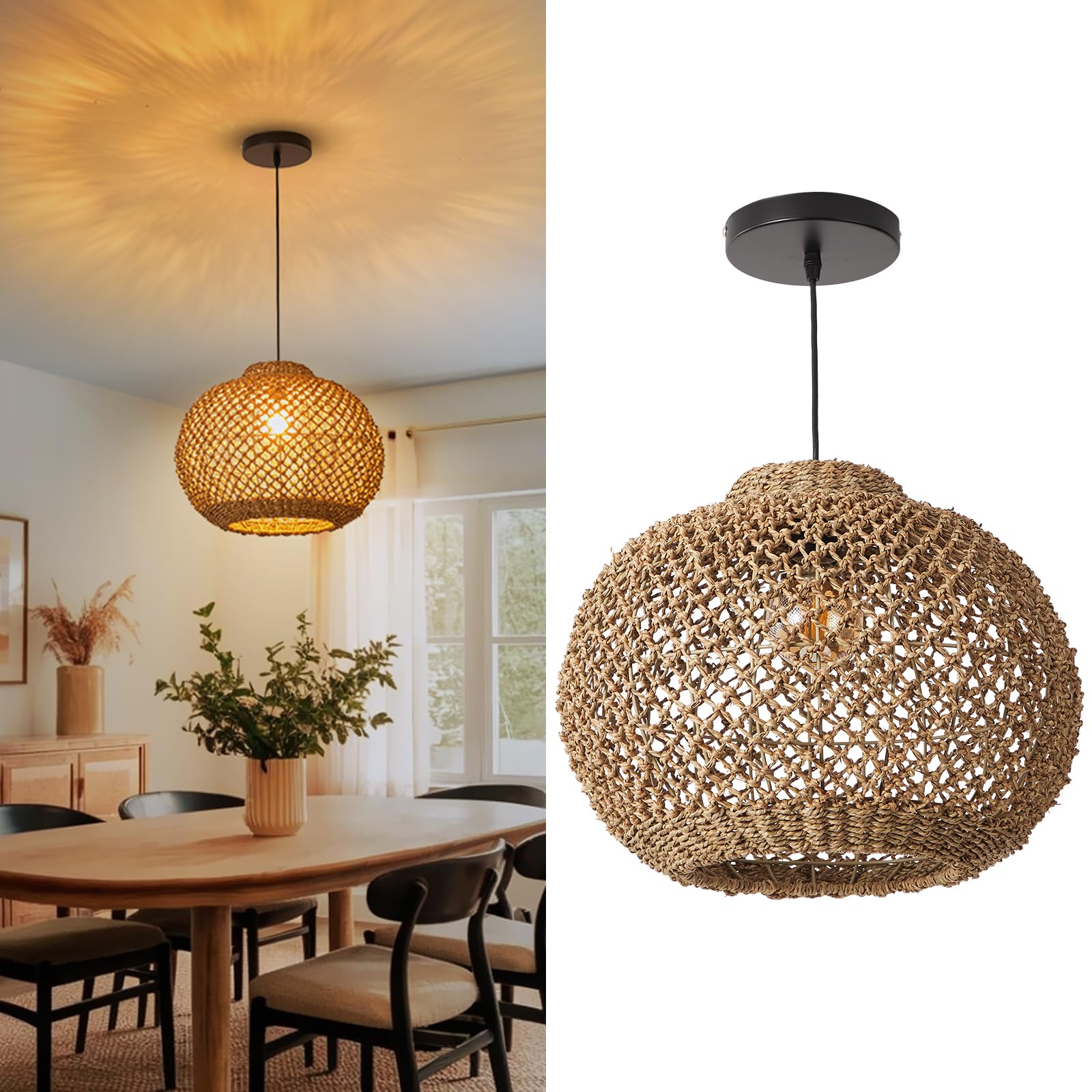 Photo 1 of Arturesthome Rattan Woven Pendant Lights Shades, Hand-Woven Boho Chandelier Lighting, Handmade Hanging Lamp Crafts Lampshade for Dining Room W 16.5"