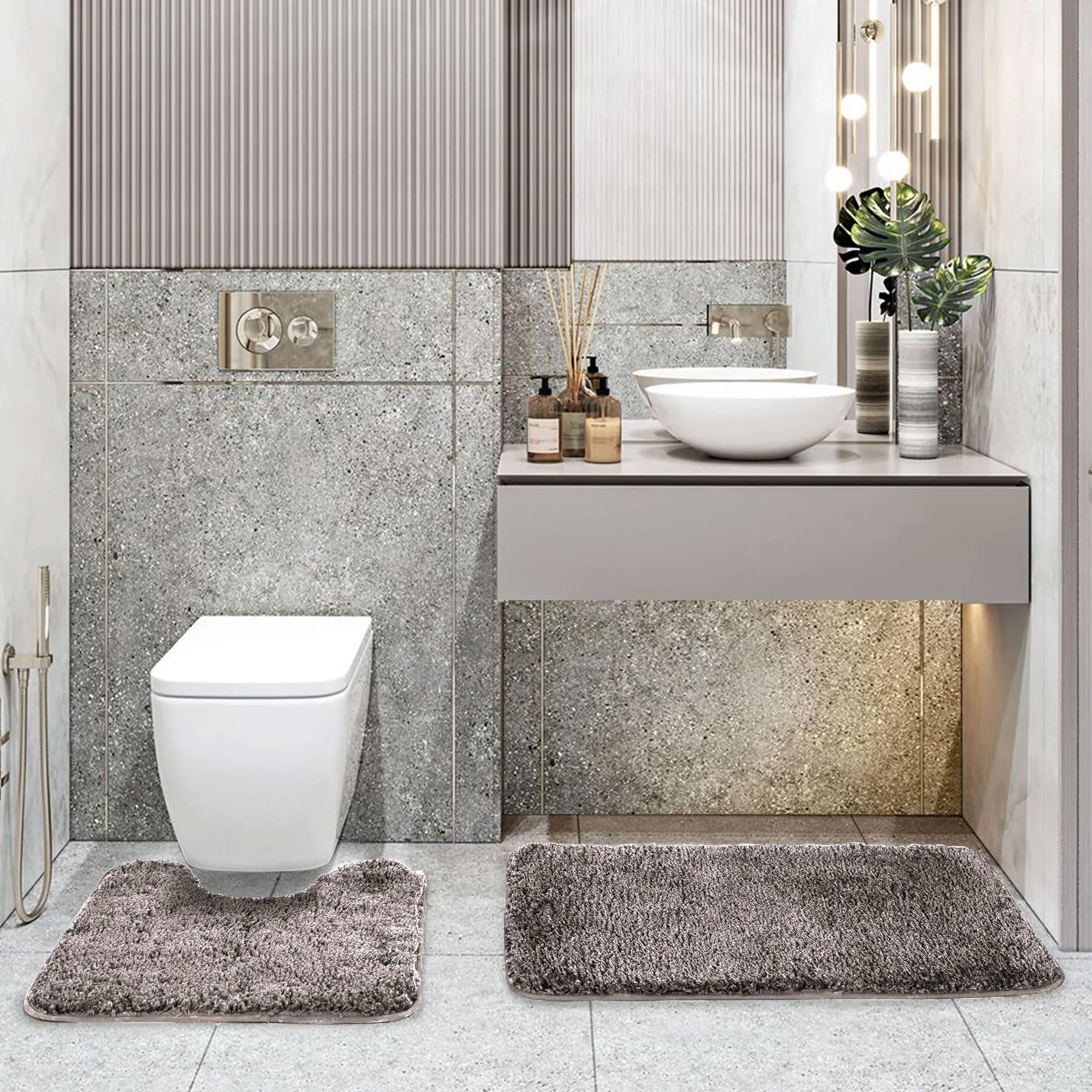 LUXE HOME INTERNATIONAL Polyester Contour Bath Mat – Washable, Anti Skid, Water Absorbent Contour Mats for Bathroom, Toilet, Wash Basin & Bathroom Contour Mat Set (Cocoa, 45x 75 cm & 40x45)
