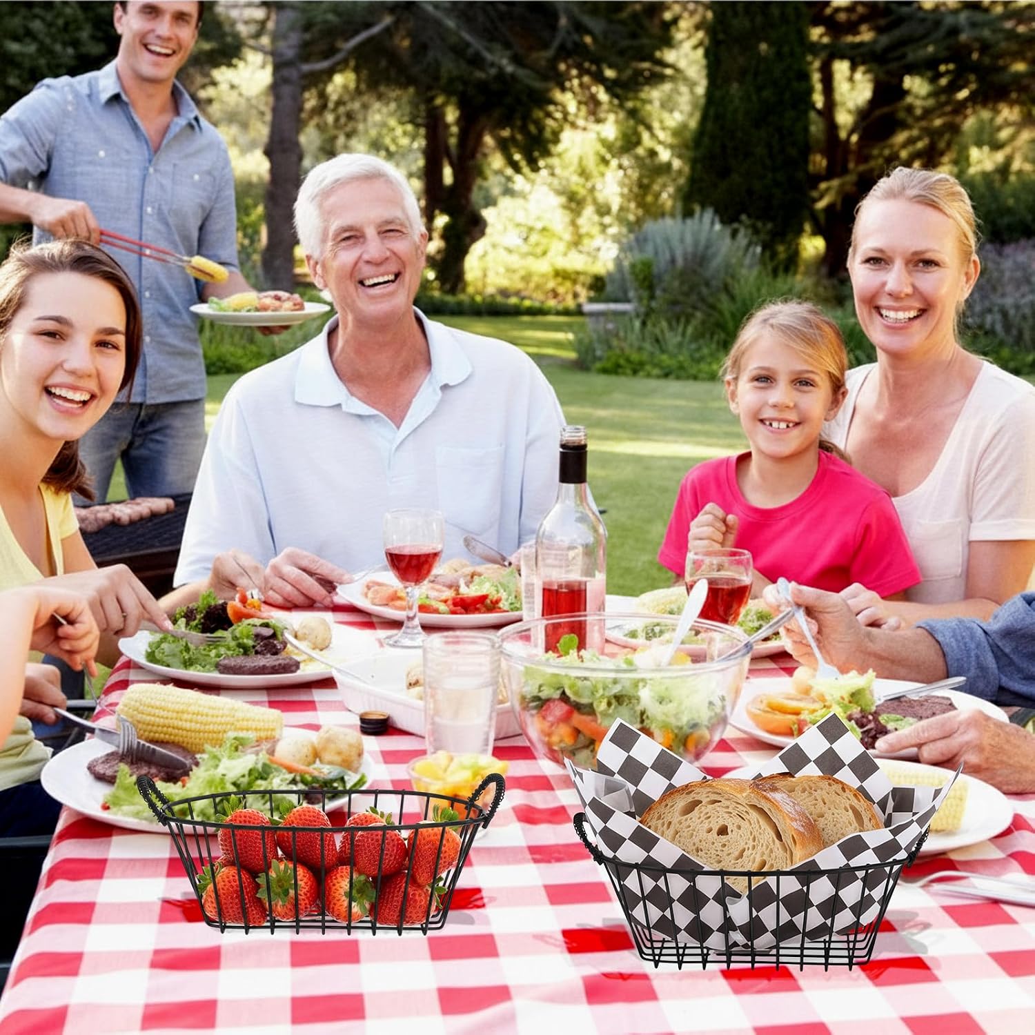 24 Pack Metal Bread Basket Set with 100 Plaid Liners Wire,Black