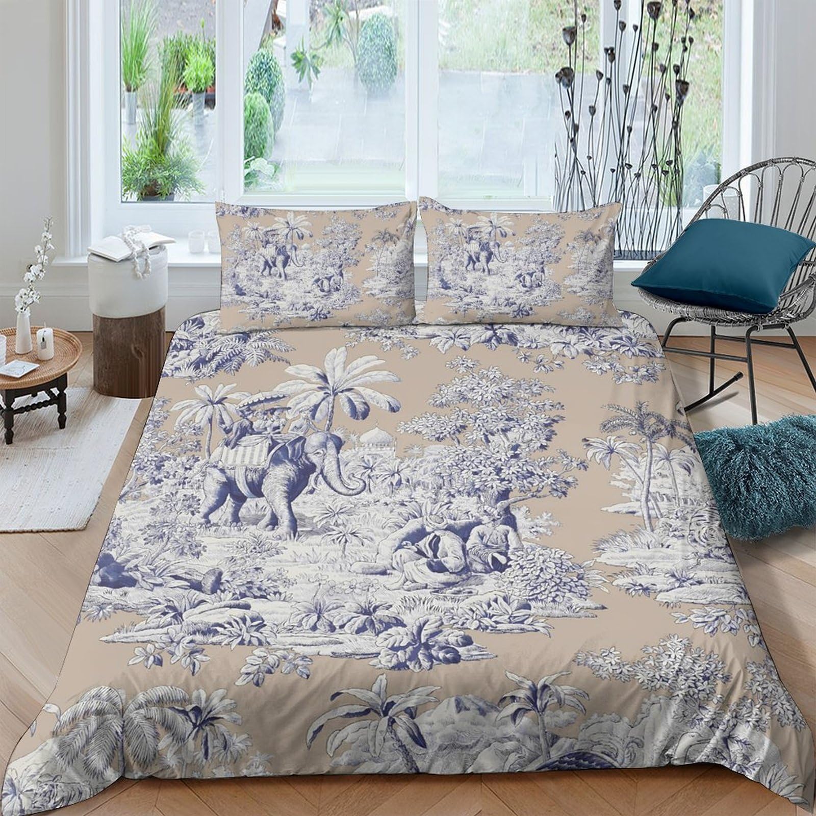 GPLZQXKJNH 3D Printed Blue Vintage Pastoral Duvet Cover Set Microfiber Soft Breathable Toile de Jouy Bedding with 2 Pillowcases for Bedroom Home Decor Single（135x200cm）