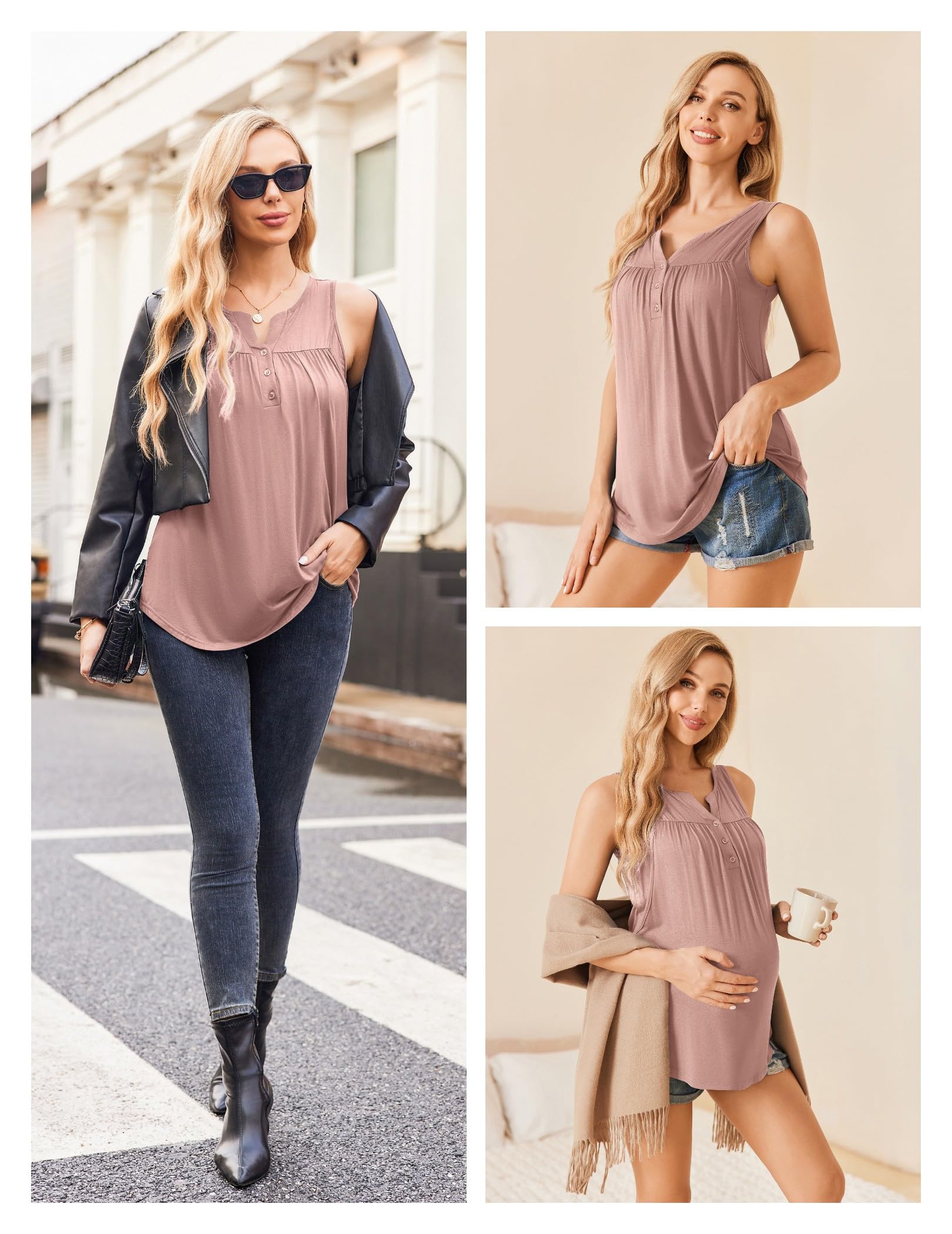 Ekouaer Camiseta sin mangas de maternidad para mujer, de doble capa, ropa de embarazo para verano