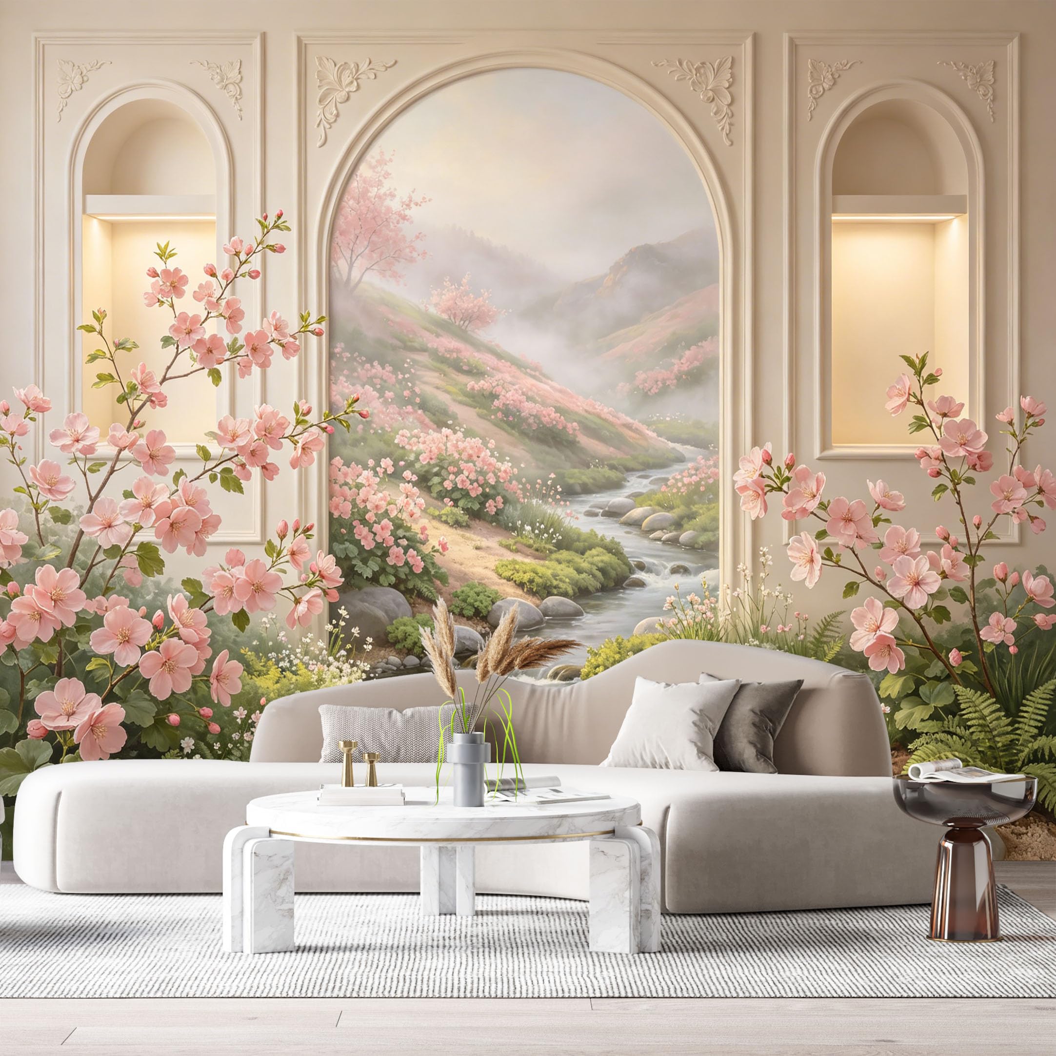 Custom Size Wall Murals Pink Cherry Blossom Landscape Creek Archway 3D Trompe L'Oeil SelfAdhesiveWall Fabric Removable Wallpaper Wall Decor for Living Room Bedroom Bathroom