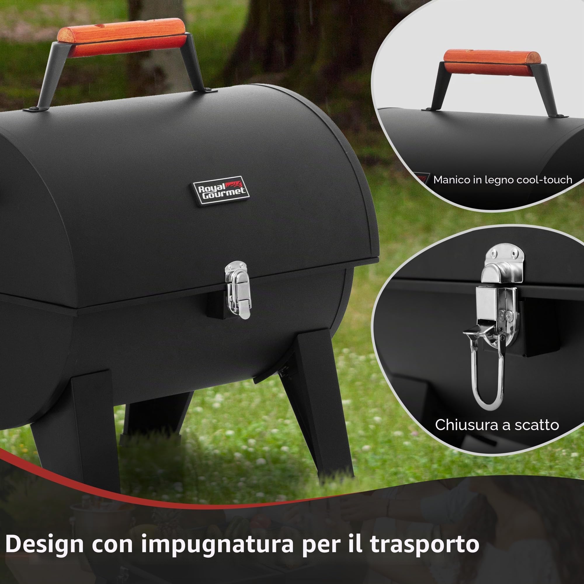 Royal Gourmet - Barbecue a carbone portatile, barbecue da campeggio per giardino e picnic, barbecue a carbone da tavolo, barbecue pieghevole con chiusura a scatto e manico in legno, nero