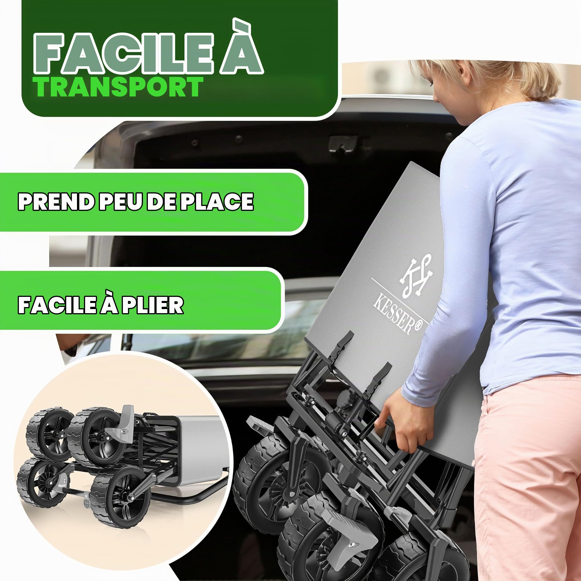 KESSER GT9000 Chariot de transport pliable avec toit - Charge maximale : 150 kg - Avec roues en caoutchouc dur et freins de stationnement (avant et arrière) - Avec serrure, couverture, intempéries et
