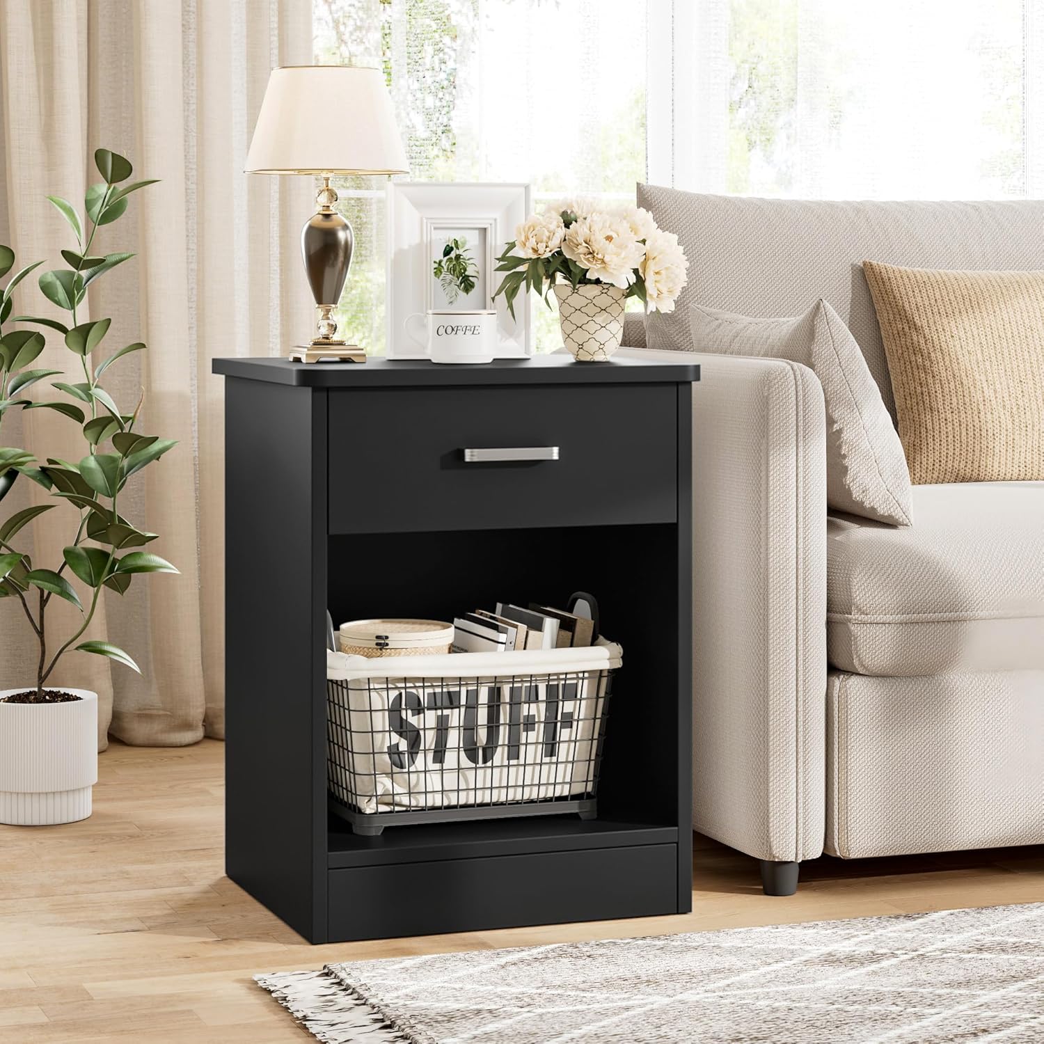 FOTOSOK Nightstand Set of 2, 2-Tier Side Table with Drawer and Storage Shelf, Bedside Table End Table, Modern Night Stand for Bedroom, Home Office,Black