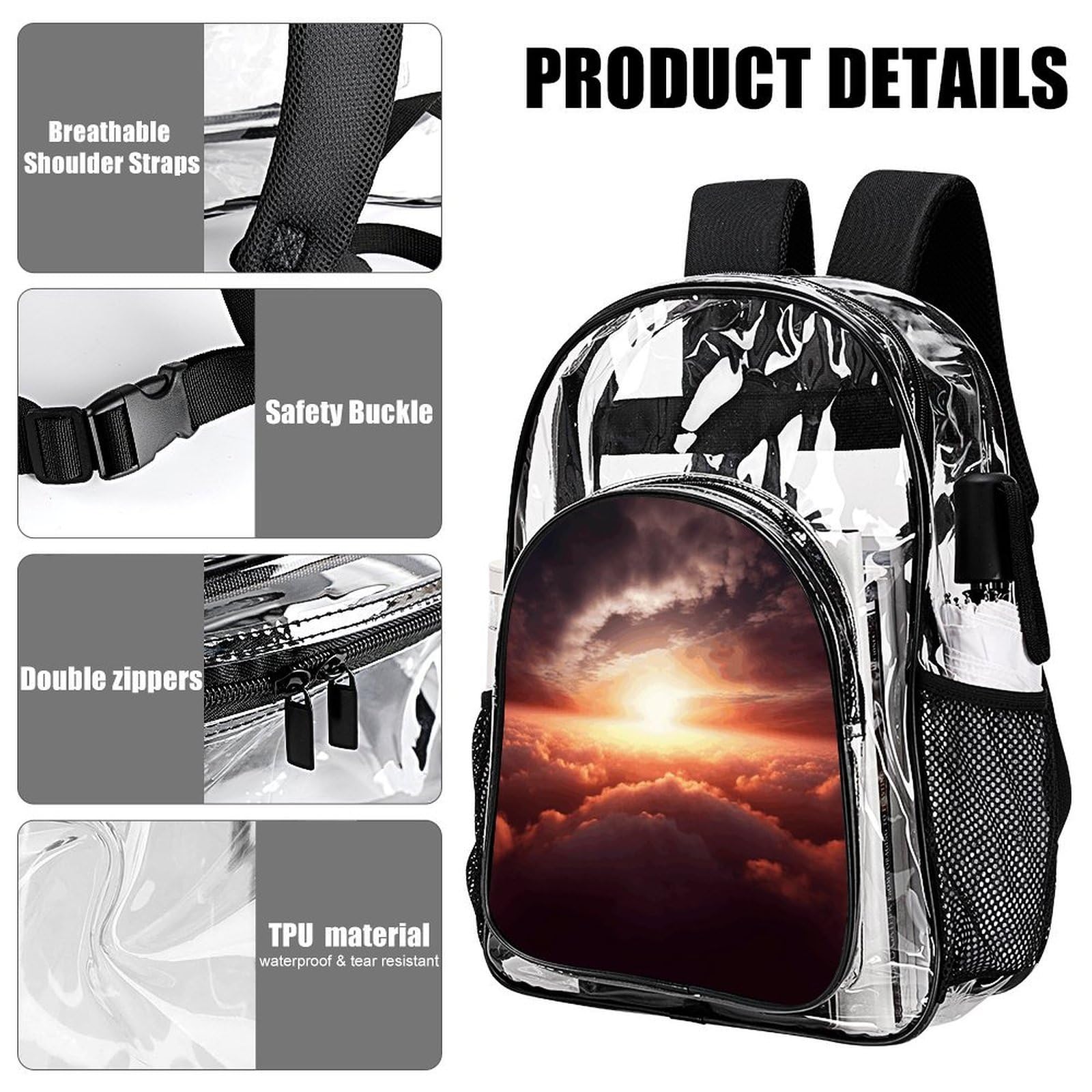 Sun Sunrise Cloud Clear Rucksack, groß, transparent, PVC, Büchertasche für Sicherheit, Arbeit, Reisen, Stadion