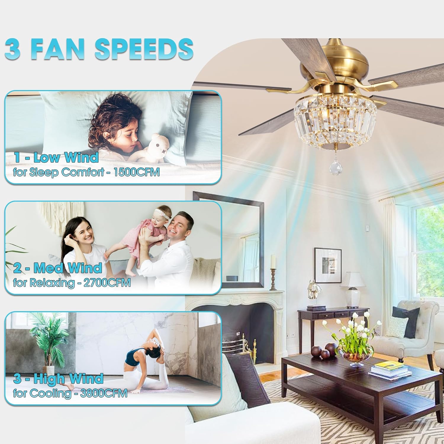 Gold Ceiling Fans with Lights and Remote 52 Inch Crystal Chandelier Ceiling Fan for Bedroom Living Room, Modern Lighting & Ceiling Fans Low Profile, Reversible 5 Blade, E12 Socket, Ventilador de Techo