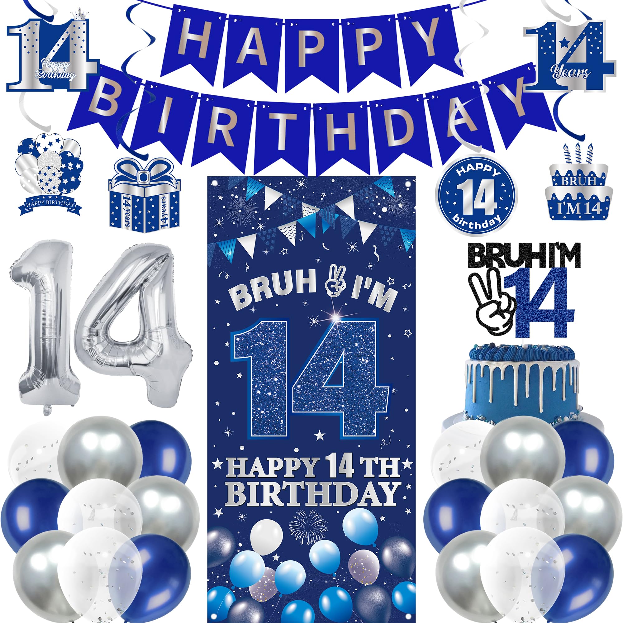 14th Birthday Decorations Banner Boys - 36 Pcs Blue Silver Banner Happy Birthday Backdrop Hanging Swirls Cake Topper Balloons for Boy Teenager 14 Year Old Party Decor Supplies