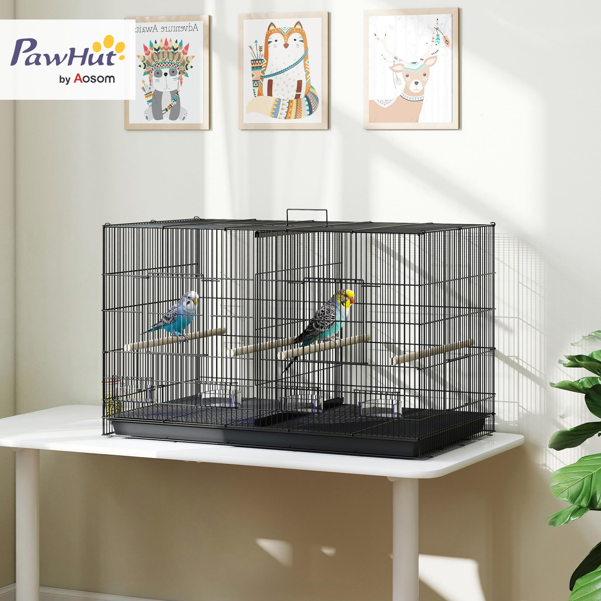 PawHut Gabbia per Uccelli con Divisorio e Ripiano Inferiore Portaoggetti, Gabbietta per Uccelli in Acciaio e PP con 4 Posatoi e 4 Mangiatoie, 94x57x57 cm, Nero