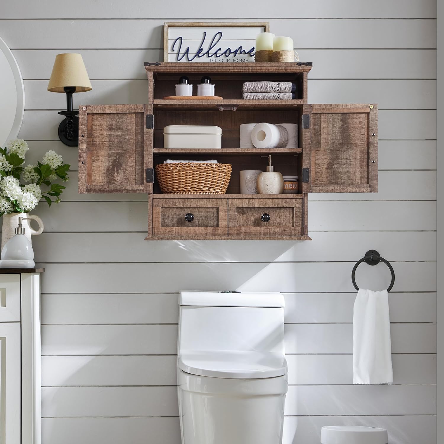 Rustic Brown Farmhouse Bathroom Wall Cabinet with Barn Doors